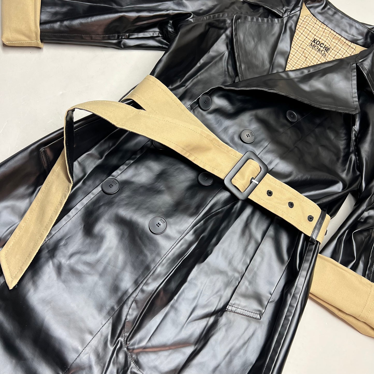 KOCHE MO & CO. Reversible Tie Around Trench Coat Unisex Sz M Khaki/Plaid/Black