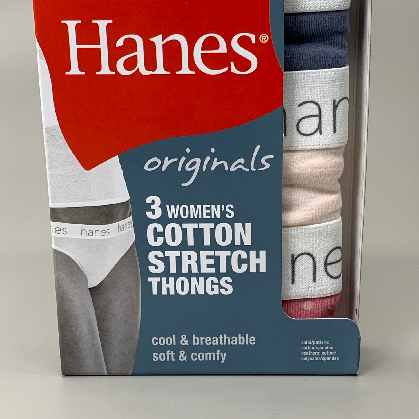 HANES 3 PACK!! Originals Women's Breathable Cotton Stretch Thongs Underwear Sz 5/S Blue/Buff/Pink 45OUBT