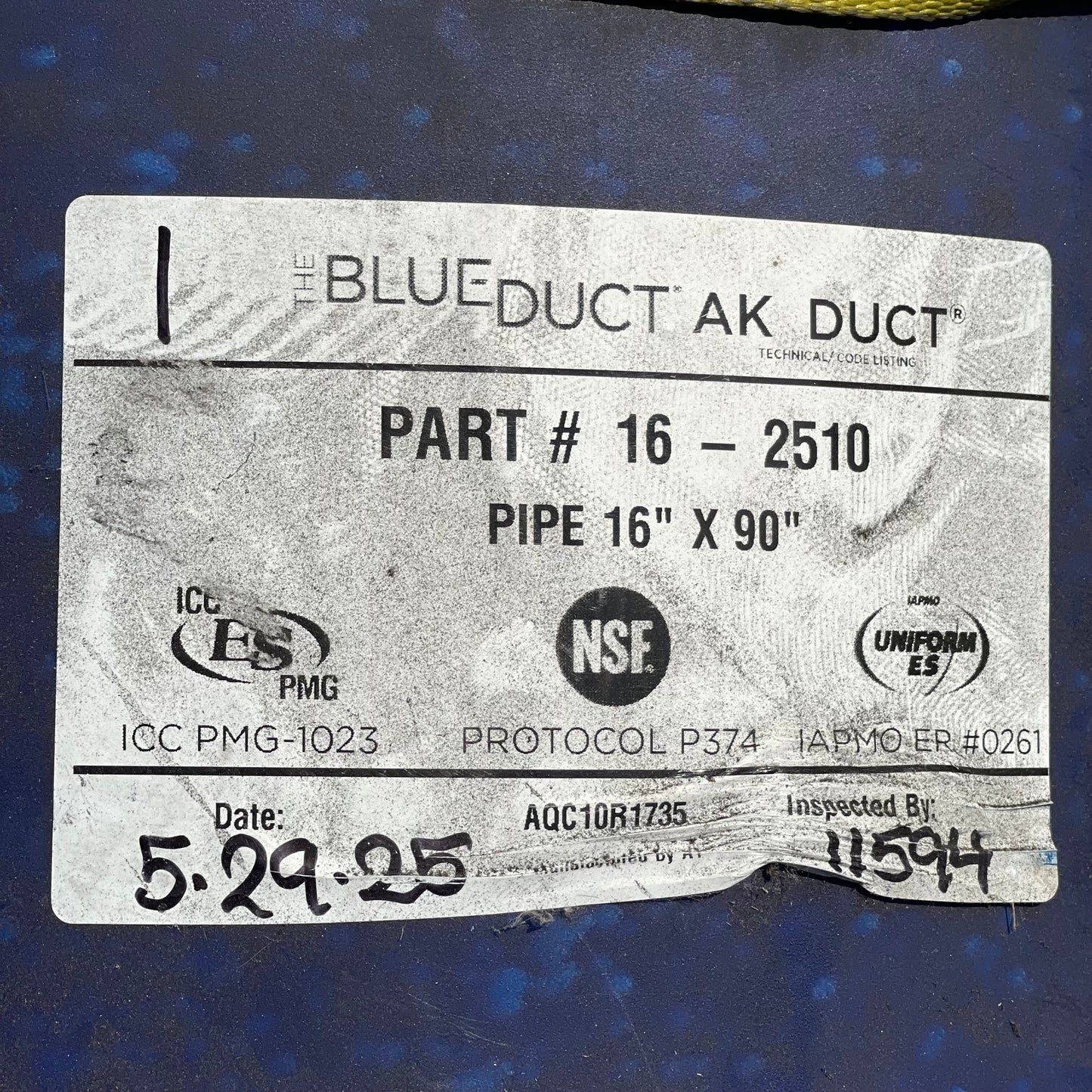 ZA@ Pallet of BLUE DUCT High-Density Polyethylene Air Duct 90” x 16” 16-2510 (AS-IS)