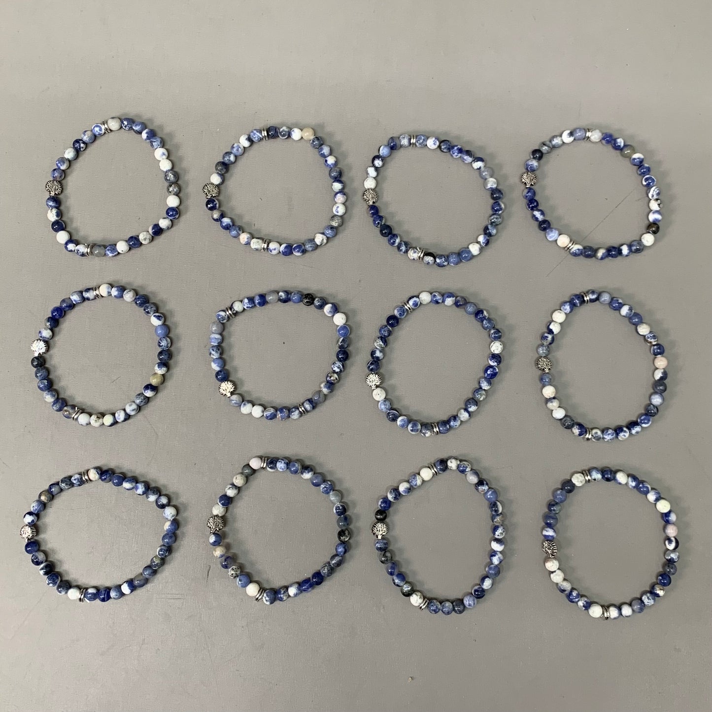 BEST WHOLESALE 12-PACK! Mini Blue Marbled Beaded Crystal Bracelets 3" Silver Tree