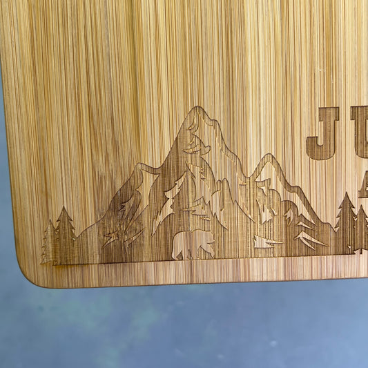 Mountain & Bear Laser Cut Bamboo Cutting Board Souvenir JUNEAU ALASKA  12"x9"