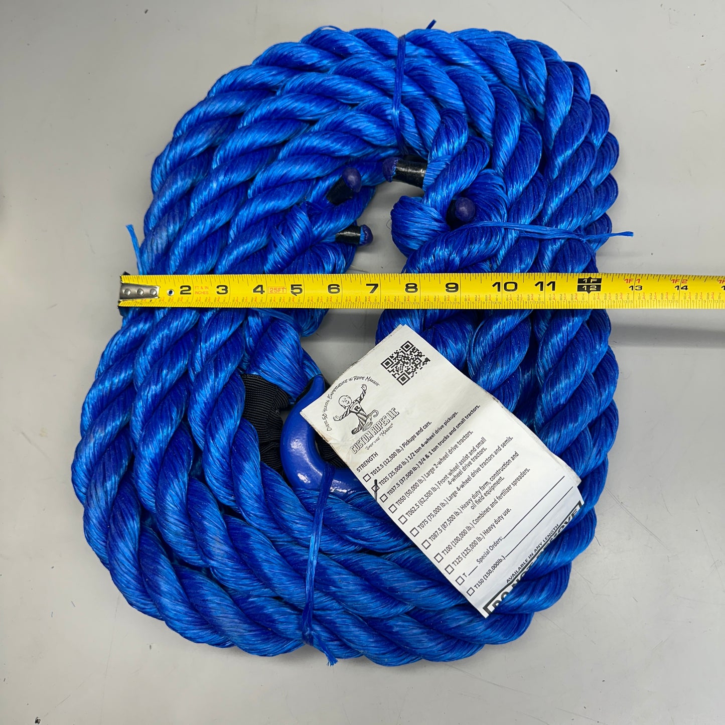 CUSTOM ROPES Tow Rope 1/2 Ton Pickup Truck 25,000 lb Capacity Blue T025