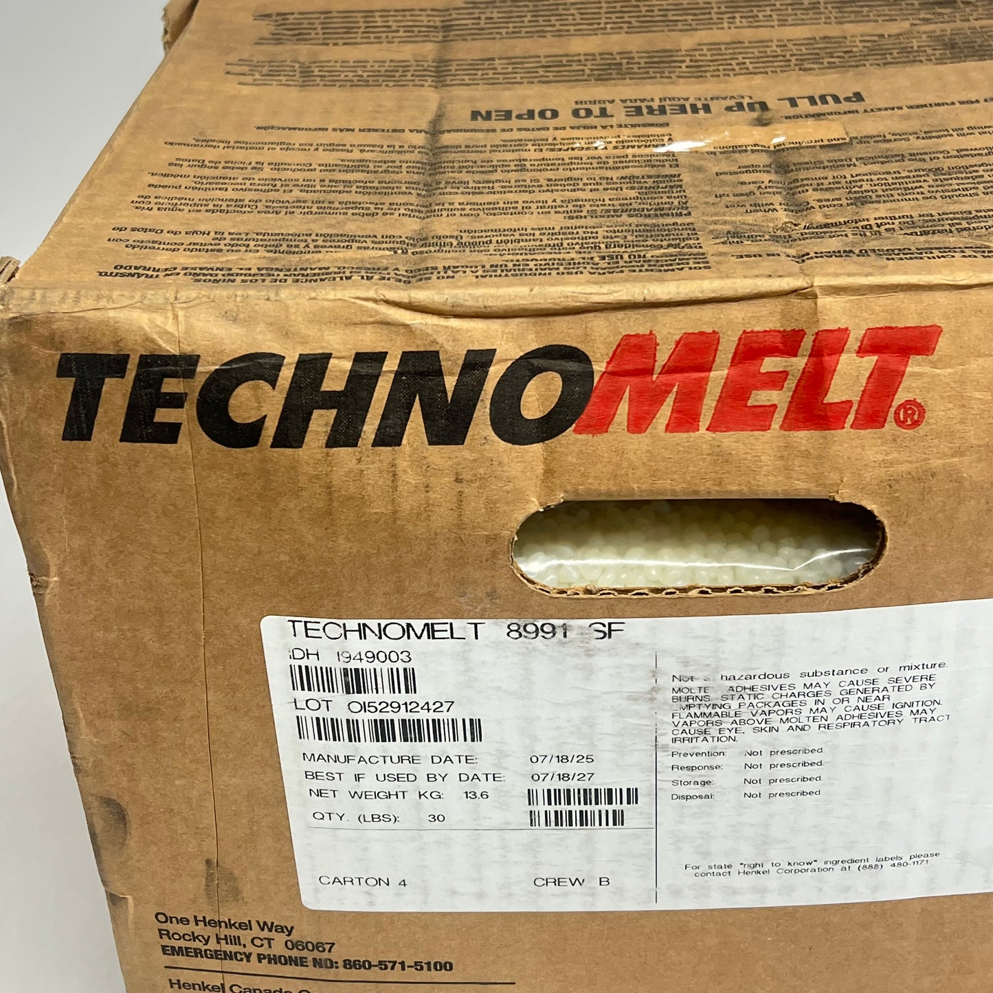 ZA@ HENKEL Technomelt Hot Melt Adhesive  30 lbs Transparent 8991 SF BB 07/27