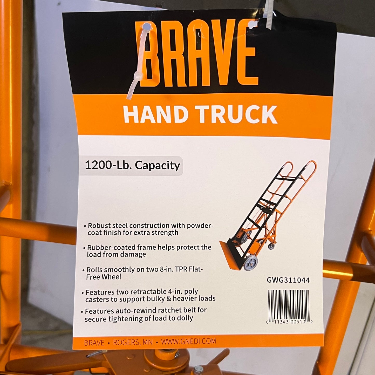 BRAVE Hand Truck 1200 Lb. Sz 17.5"W x 8"L x 65"H Orange GWG311044