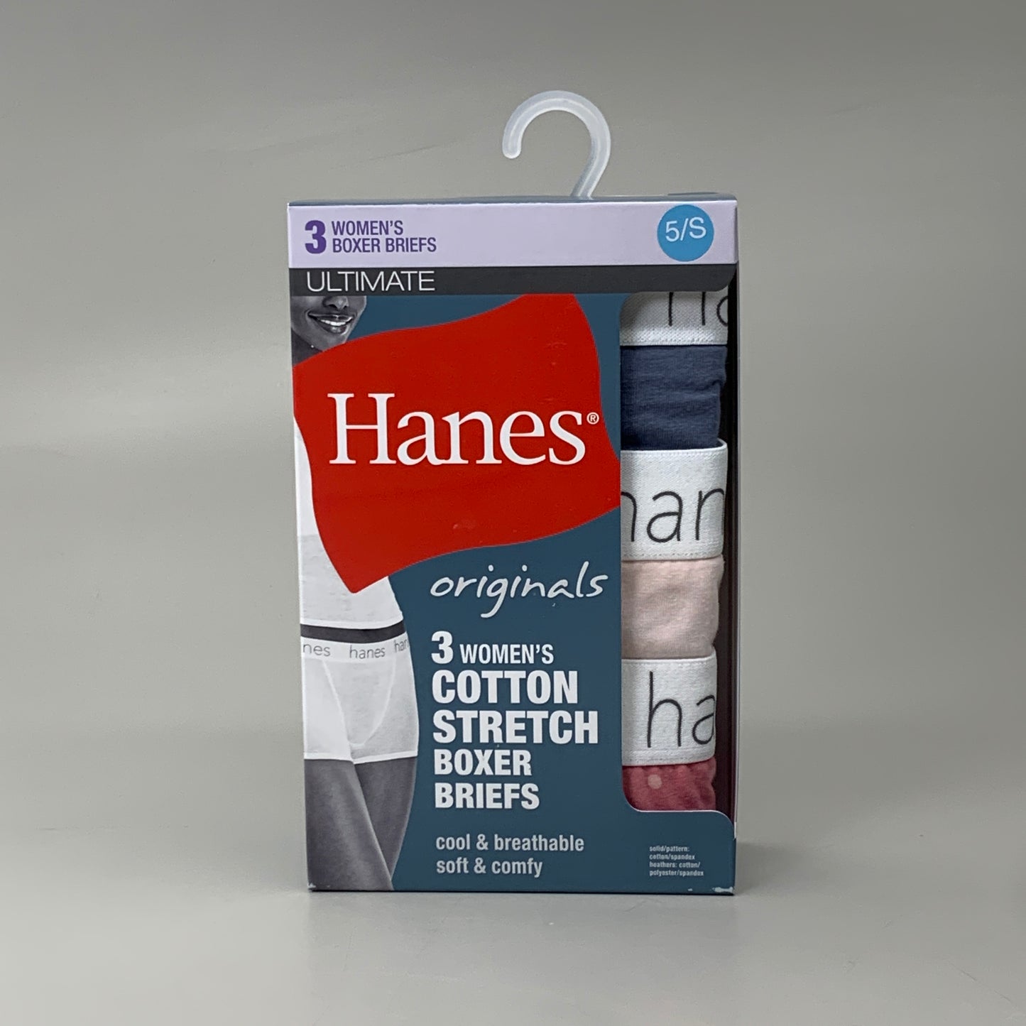 HANES 3 PACK!! Originals Women's Breathable Cotton Boxer Briefs Underwear Sz S Blue/Buff/Pink 45OUBB