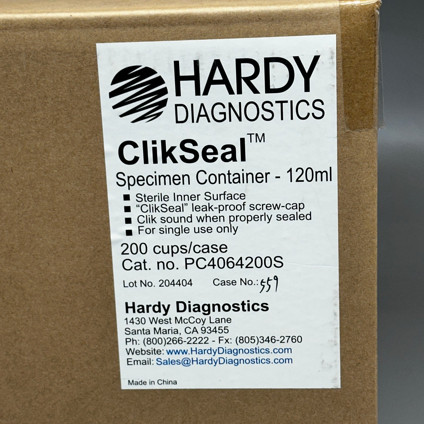 HARDY DIAGNOSTICS (200 PACK) ClickSeal Specimen Container 120ml PC4064200S