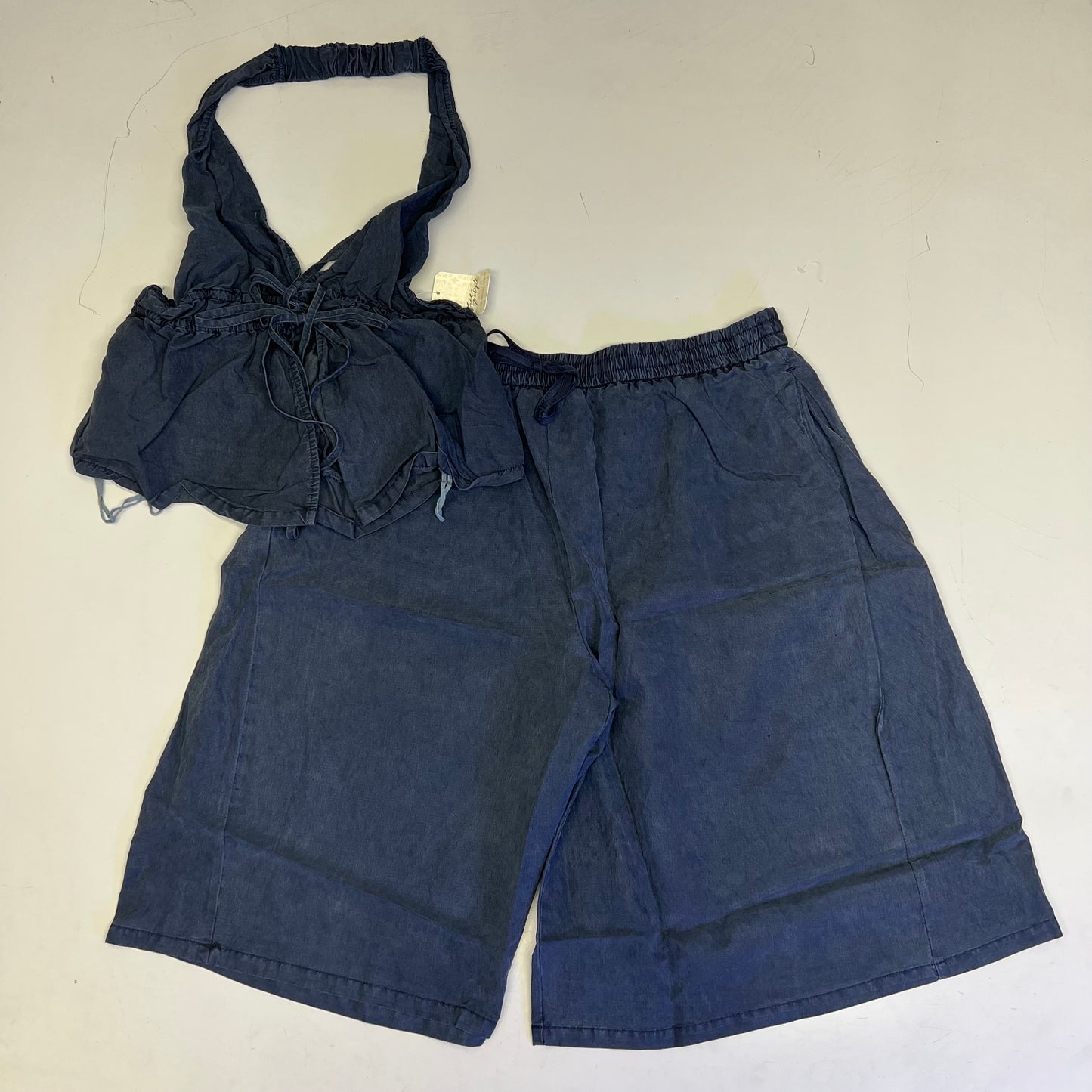 FREE PEOPLE Sidra Set Halter Top & Knee Shorts Women's Sz S India Ink 98363328
