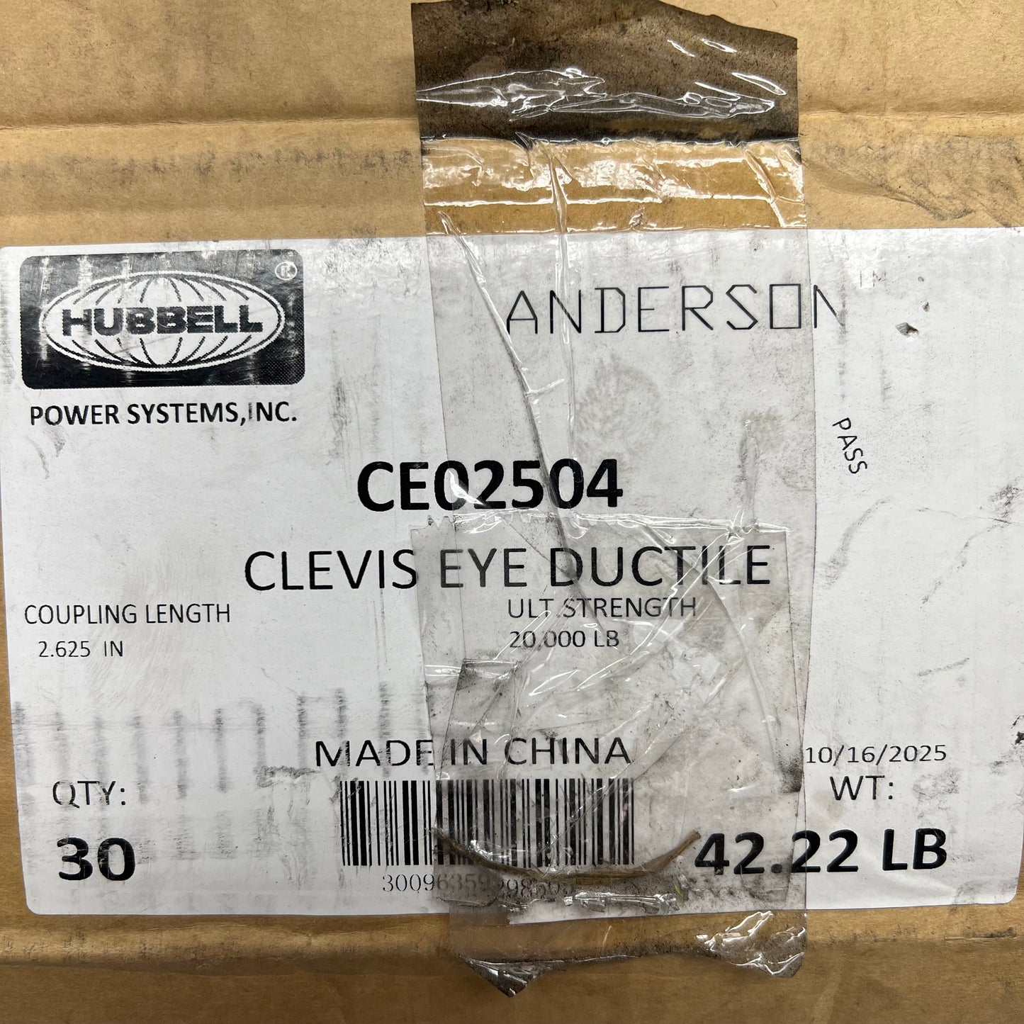 HUBBELL Clevis Eye Ductile Iron 20000 Lb Strength Rating Rotated 90-deg CE02504