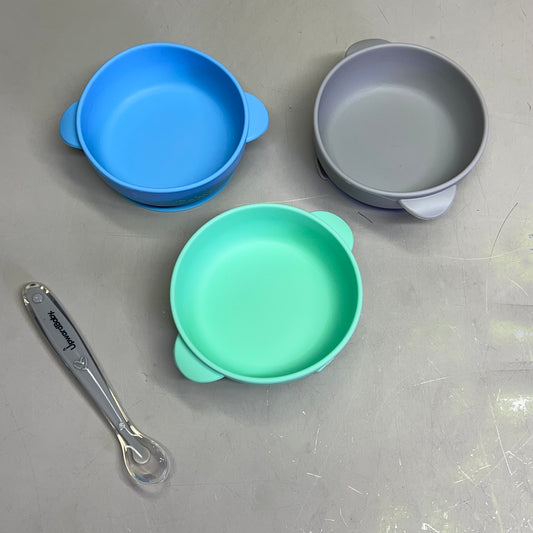 ZA@ UPWARDBABY (3 PACK) Silicone Bowl Suction Set w/ Spoon 5"x5"x2" Blue/Green/Grey