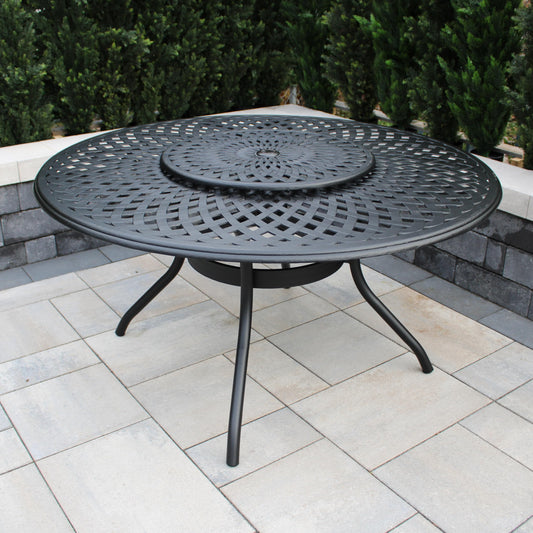 Z@ OAKLAND LIVING Round Patio Dining Table w/ Lazy Susan, Aluminum 59” Black 1022-ROUND-59-TABLE-LAZY-LBK (New, Some Dirt)