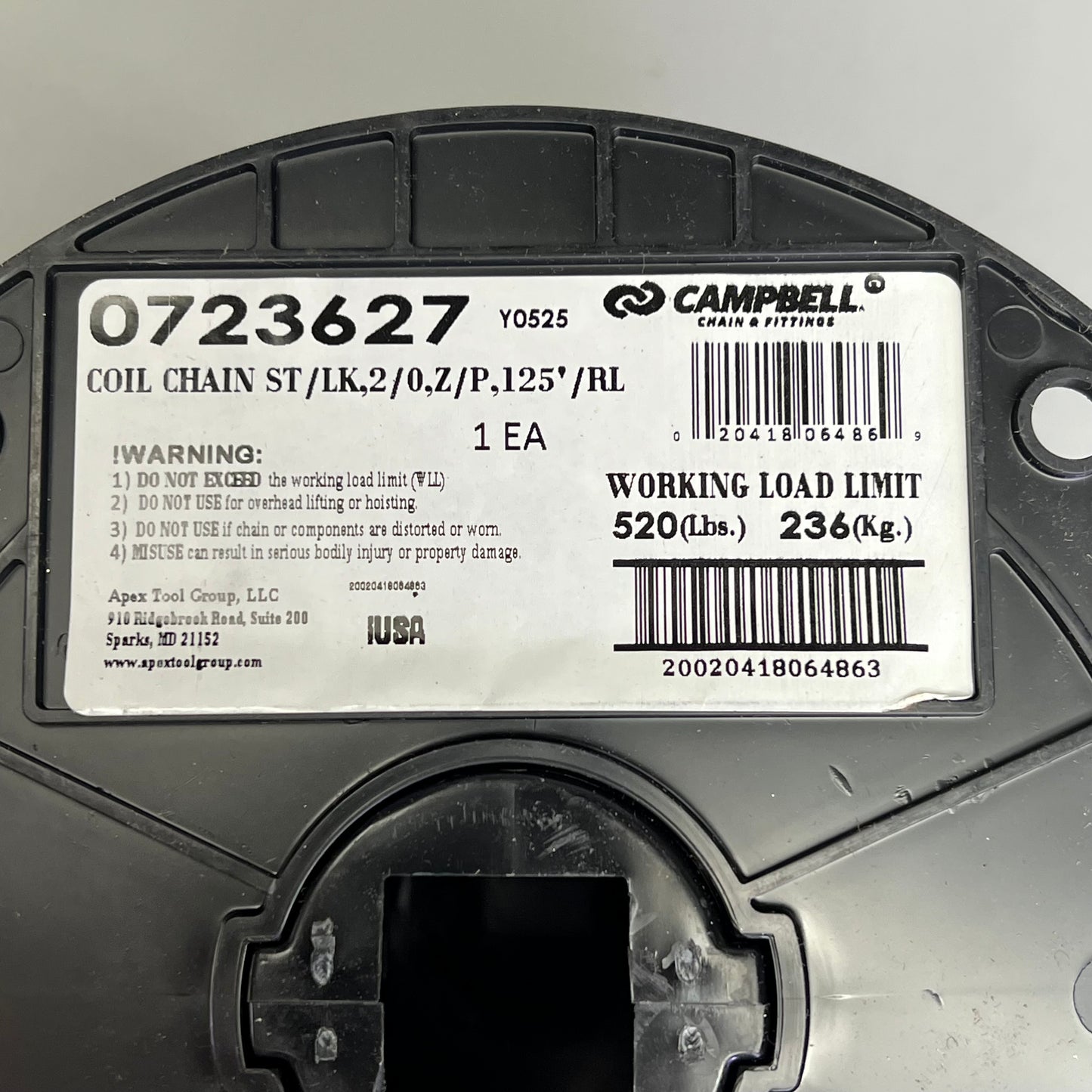 CAMPBELL Zinc Plated Straight Link Coil Chain Made In USA 125' Chrome 0723627