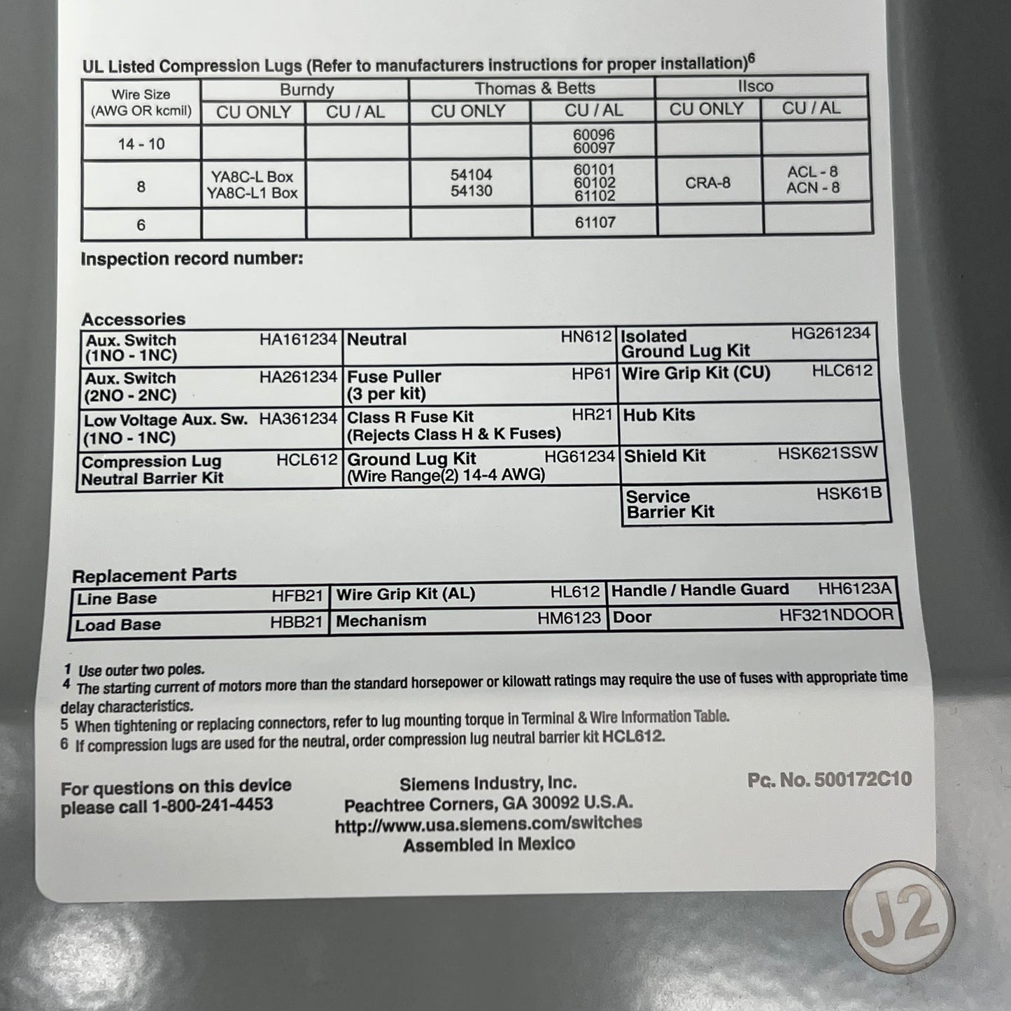 SIEMENS 30 Amp 3-pole Heavy Duty Fusible Safety Switch 240 VAC/250VDC HF321N