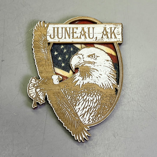 (2 PACK) American Eagle w/ Flag Lasered Wood Magnet Souvenir From JUNEAU, AK