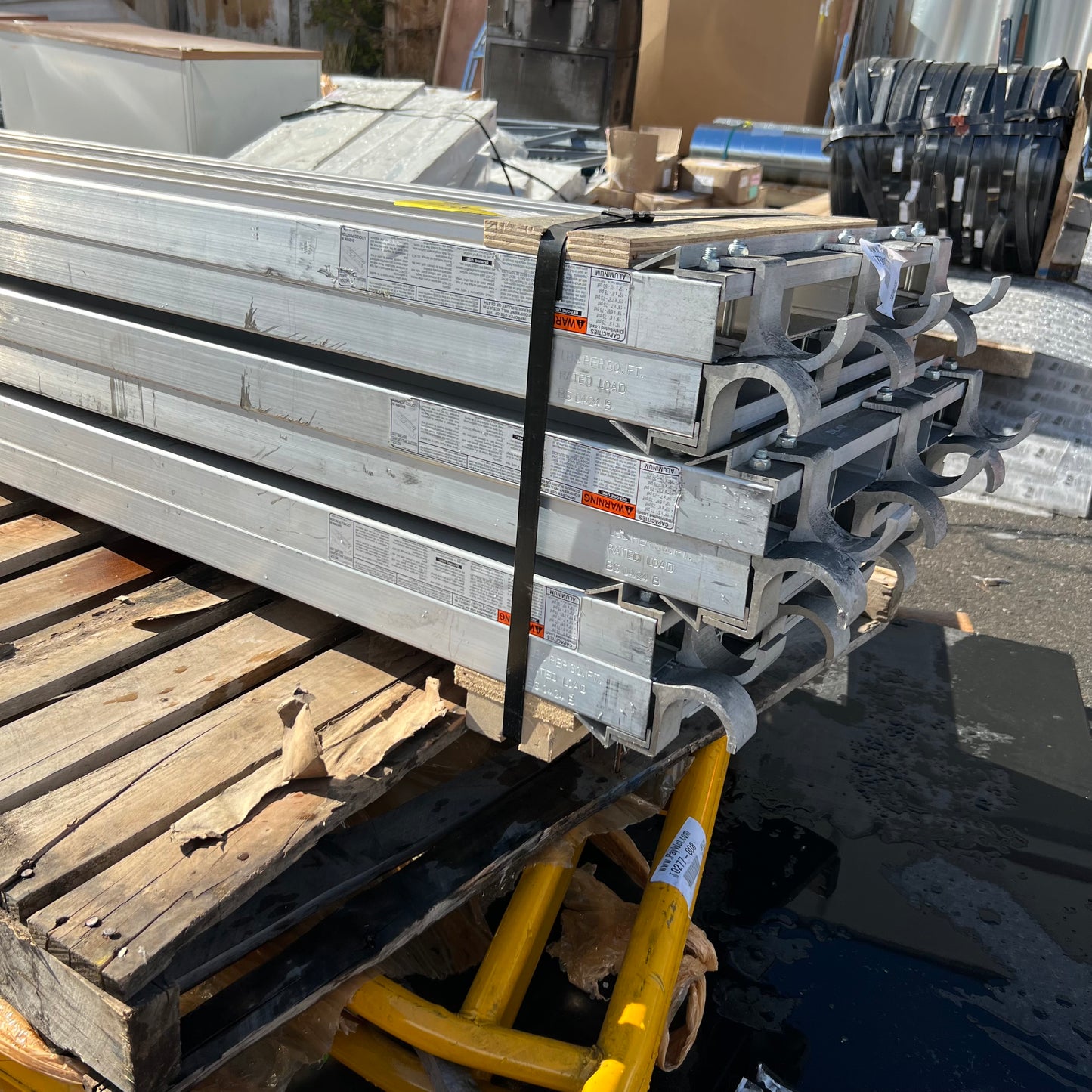 ZA@ 3 Pallets of BIL-JAX With Scaffolding Parts, 7ft. L x 19 in.W Scaffolding platform Alluminum, ladde frame, Lev Extension 0034-093, Gate access For open end frame 0012-368, 4 Wheels (AS-IS, New other)