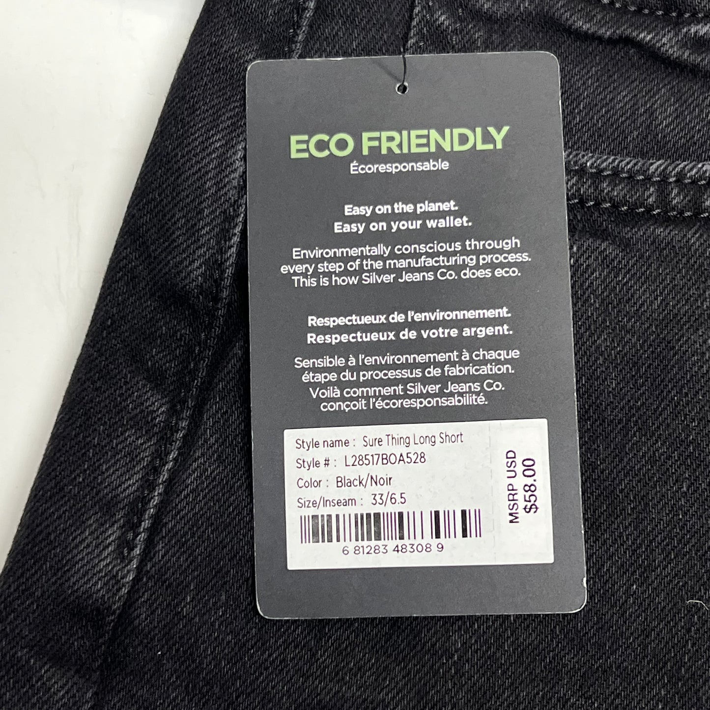 SILVER JEANS CO Sure Thing Long Jean Short Womens Size 33/6.5 Black L28517BOA528