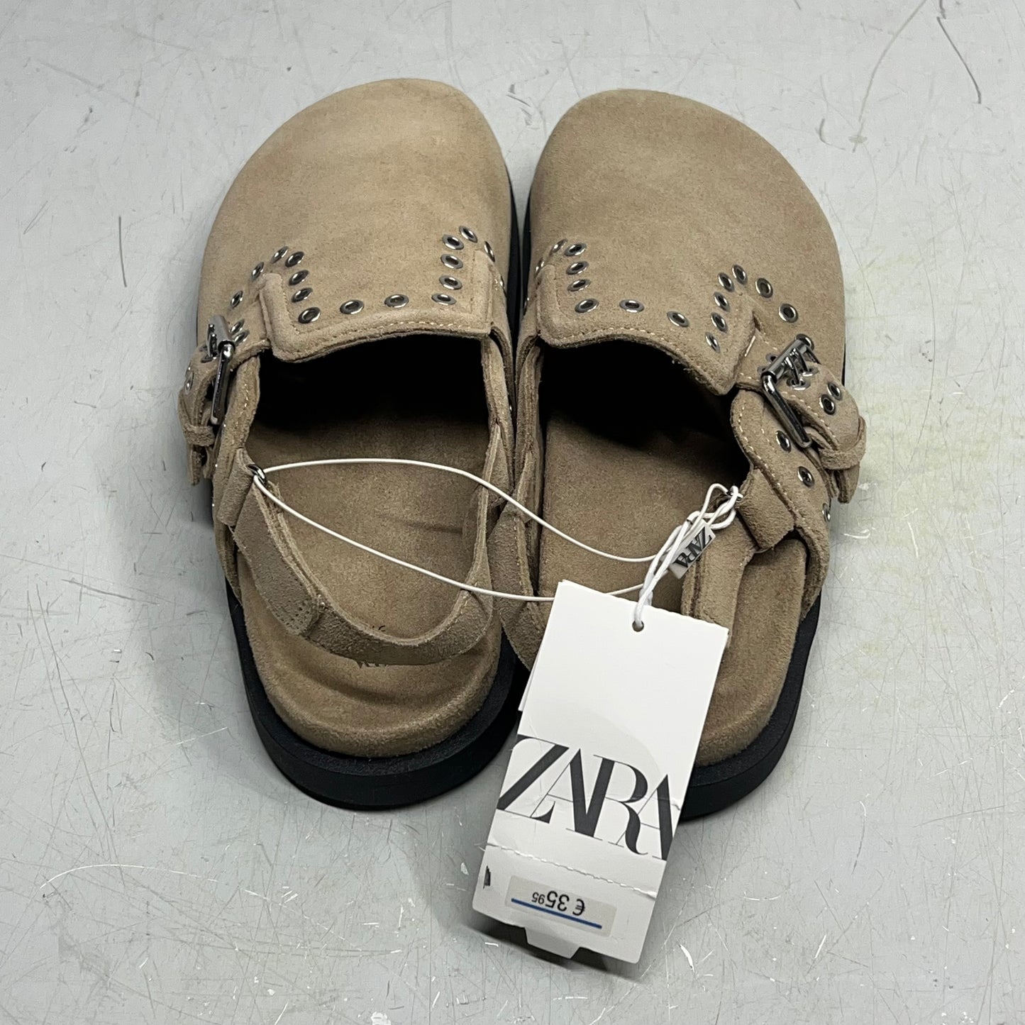 ZA@ ZARA Cow Leather Studded Split Suede Buckle Clogs Women's Sz 37 Tan