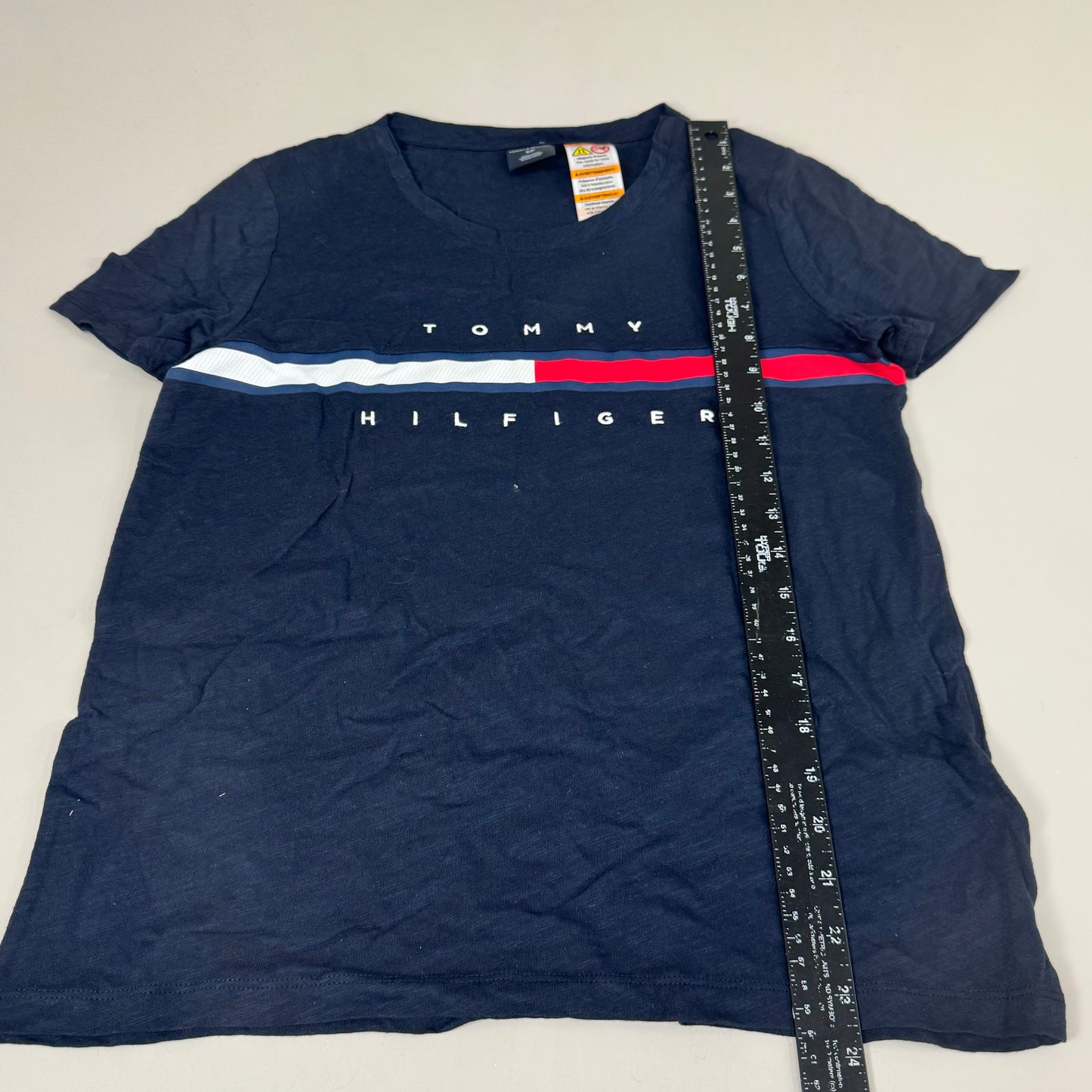 TOMMY HILFIGER Adaptive Short Sleeve Magnet Button T-Shirt Navy Blue Women's SZ S/P Signature Stripe (New Other)