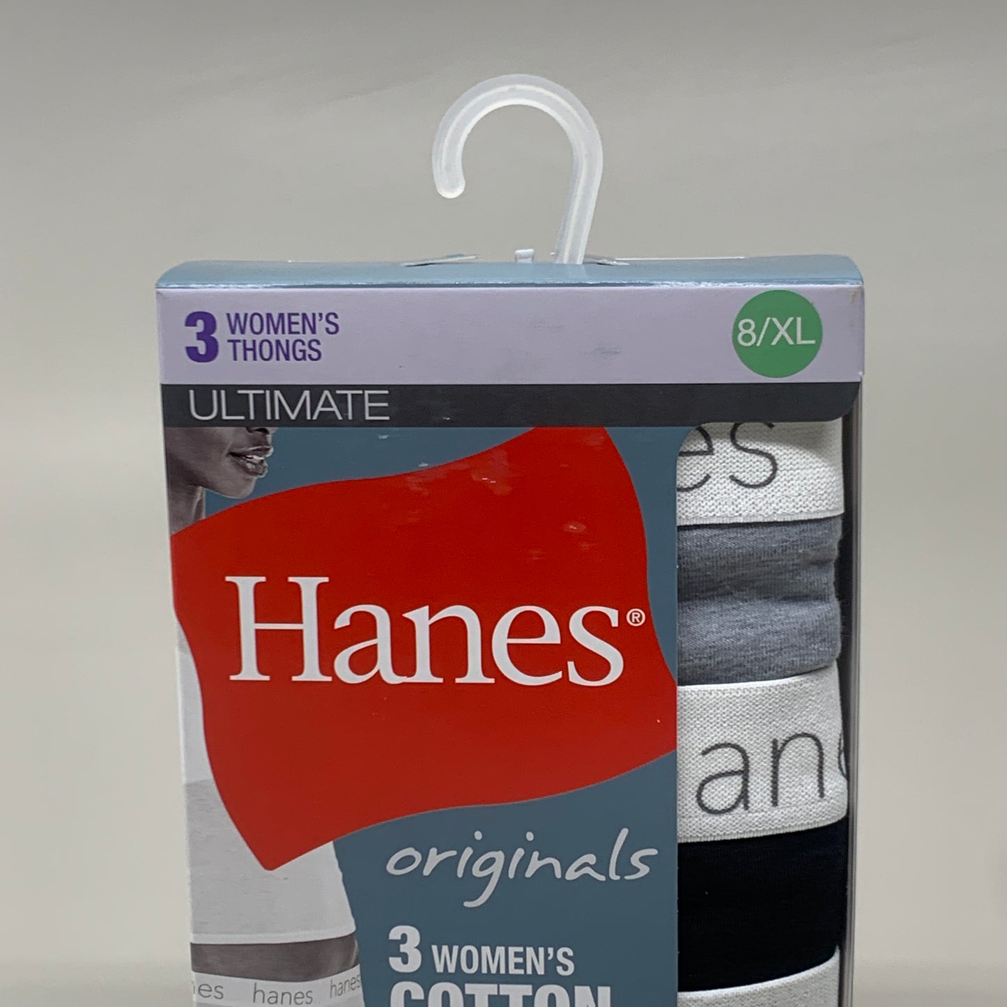 HANES 3 PACK!! Originals Women's Breathable Cotton Stretch Thongs Underwear Sz 8/XL Black/Heather/Stripe 45U0BT