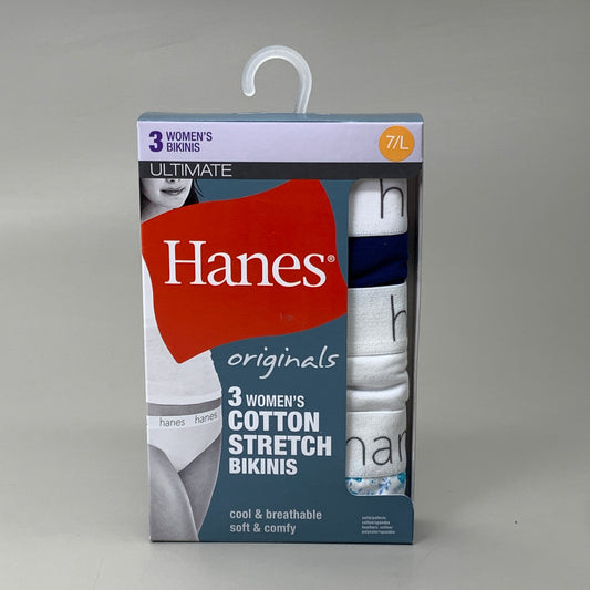 HANES 3 PACK!! Originals Women's Breathable Cotton Bikinis Underwear Sz 7/L Navy/White/Floral 45UOBK