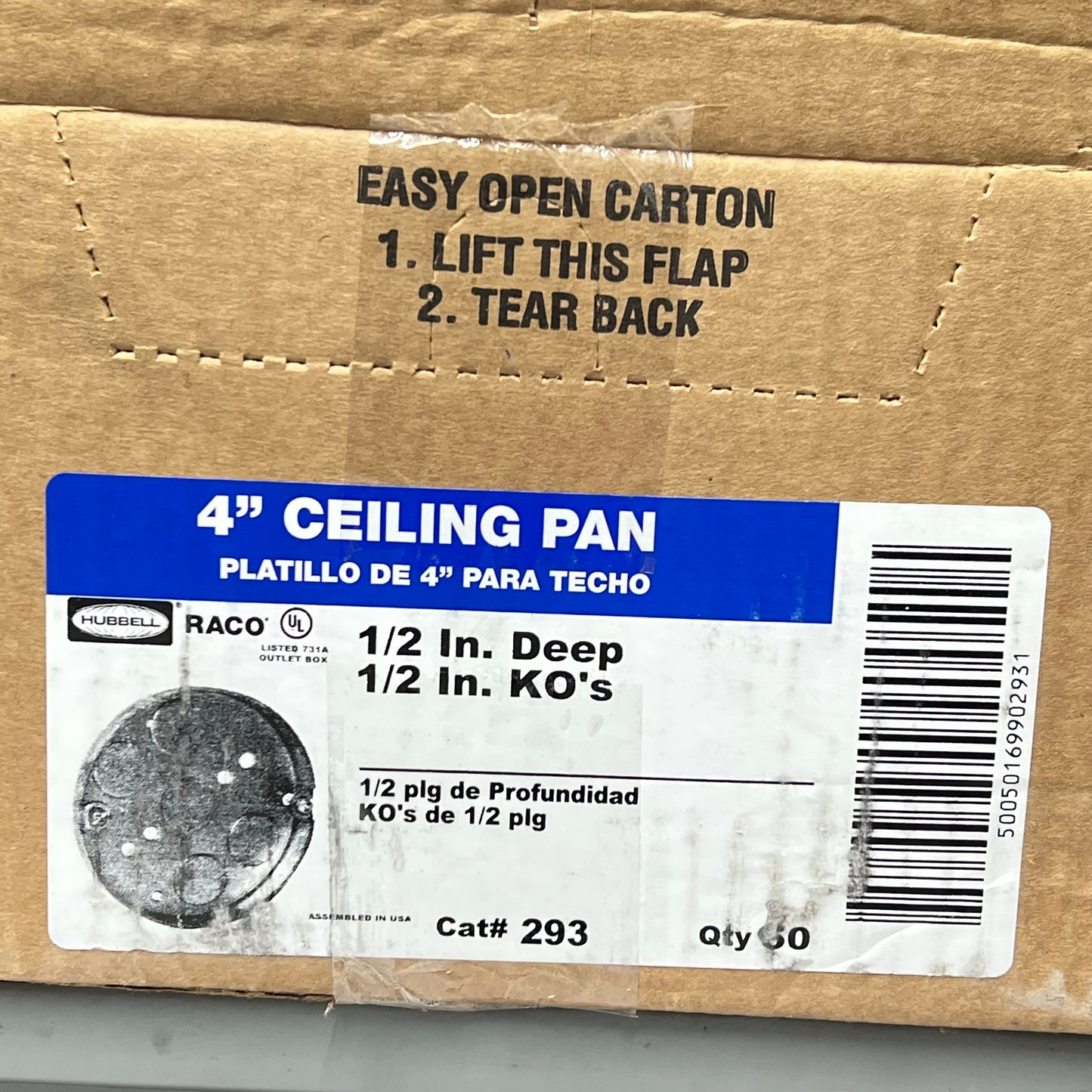 HUBELL RACO (5 PACK) Ceiling Pan 4" 1/2" Deep 1/2" KOs Metallic CAT 293