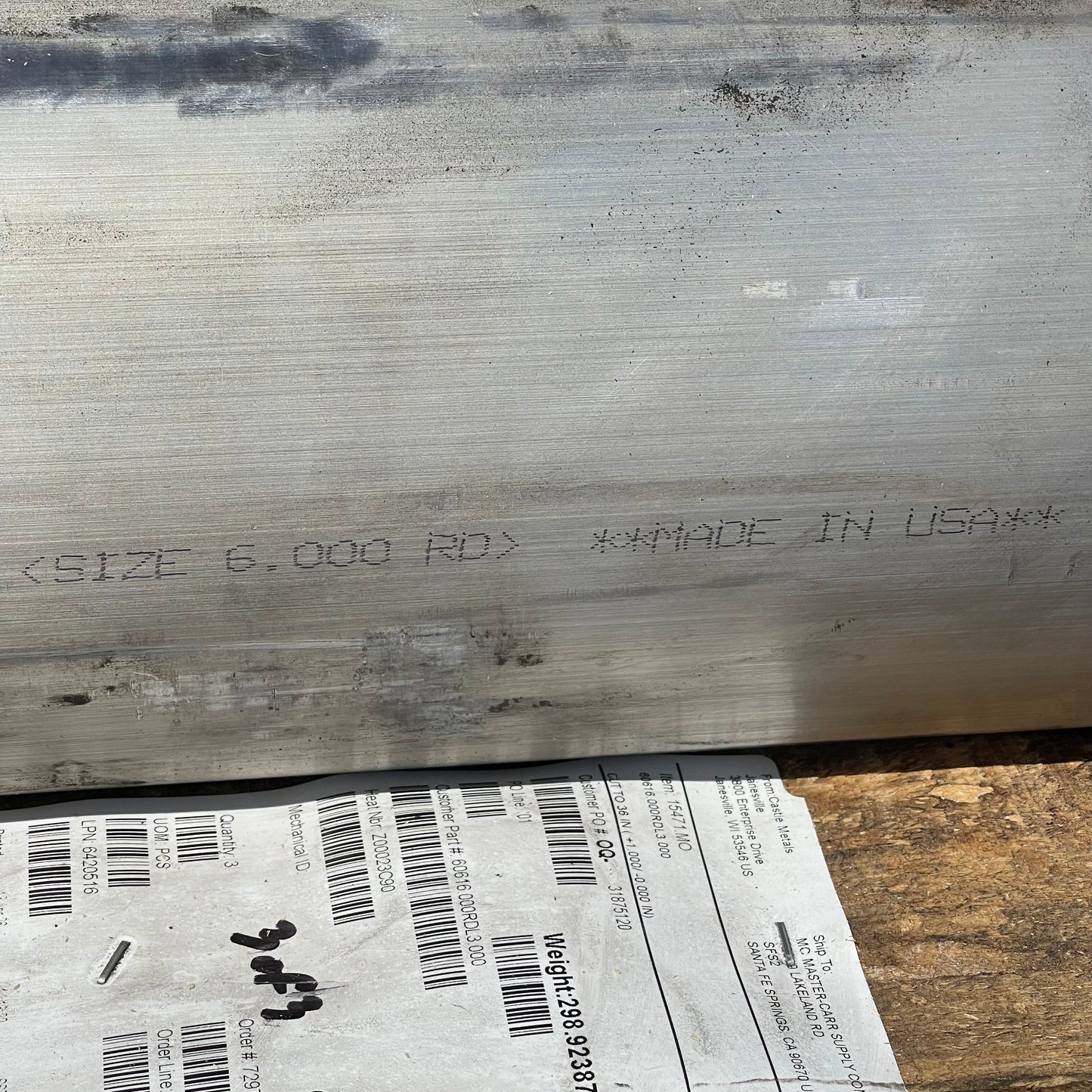 Z@ CASTLE METALS Aluminum Cylinders for Machining 36”x6” ~299 lbs (New)