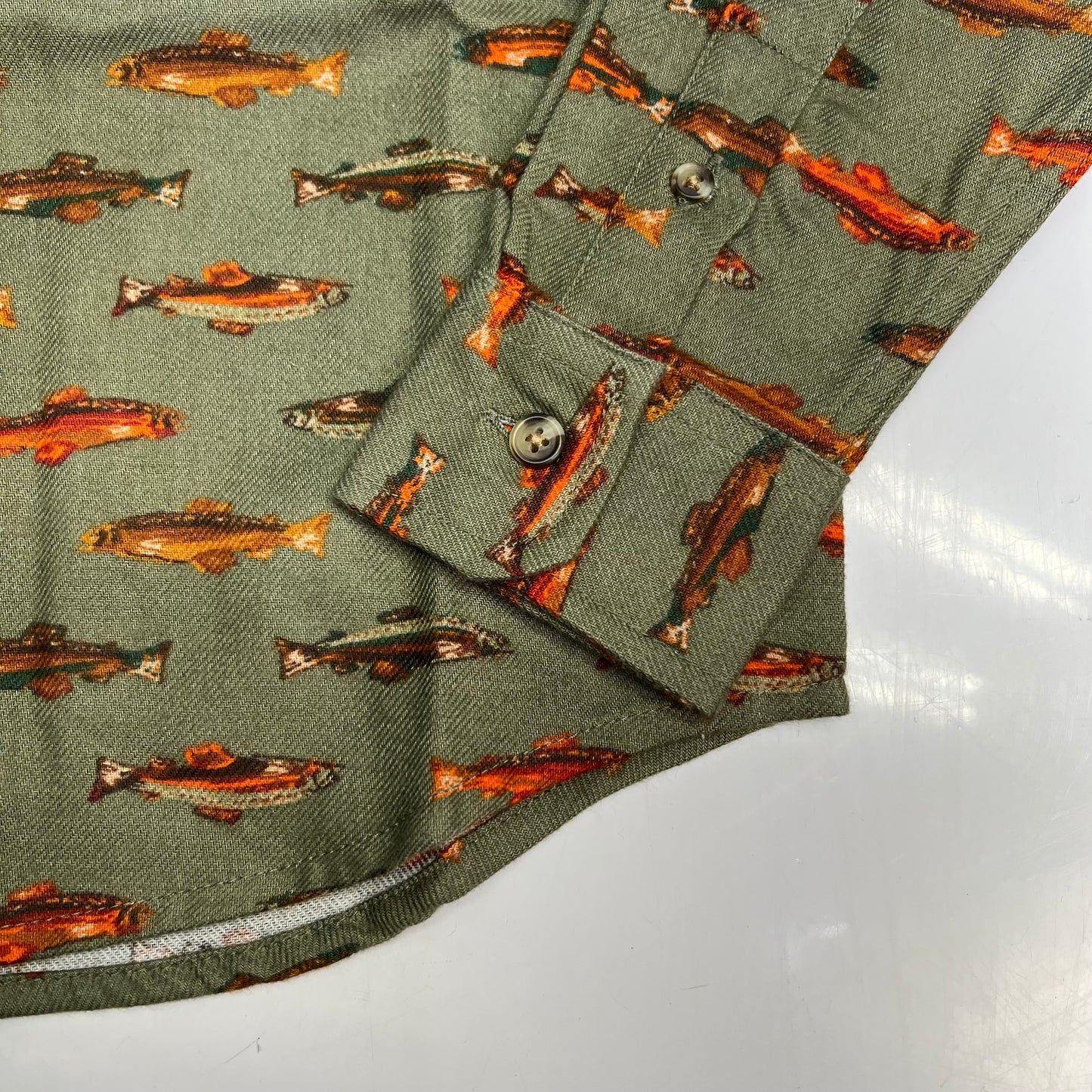 OLD NAVY Printed Fish Pattern Long Sleeve Fennel Pocket Shirt Boy's Sz XS Green