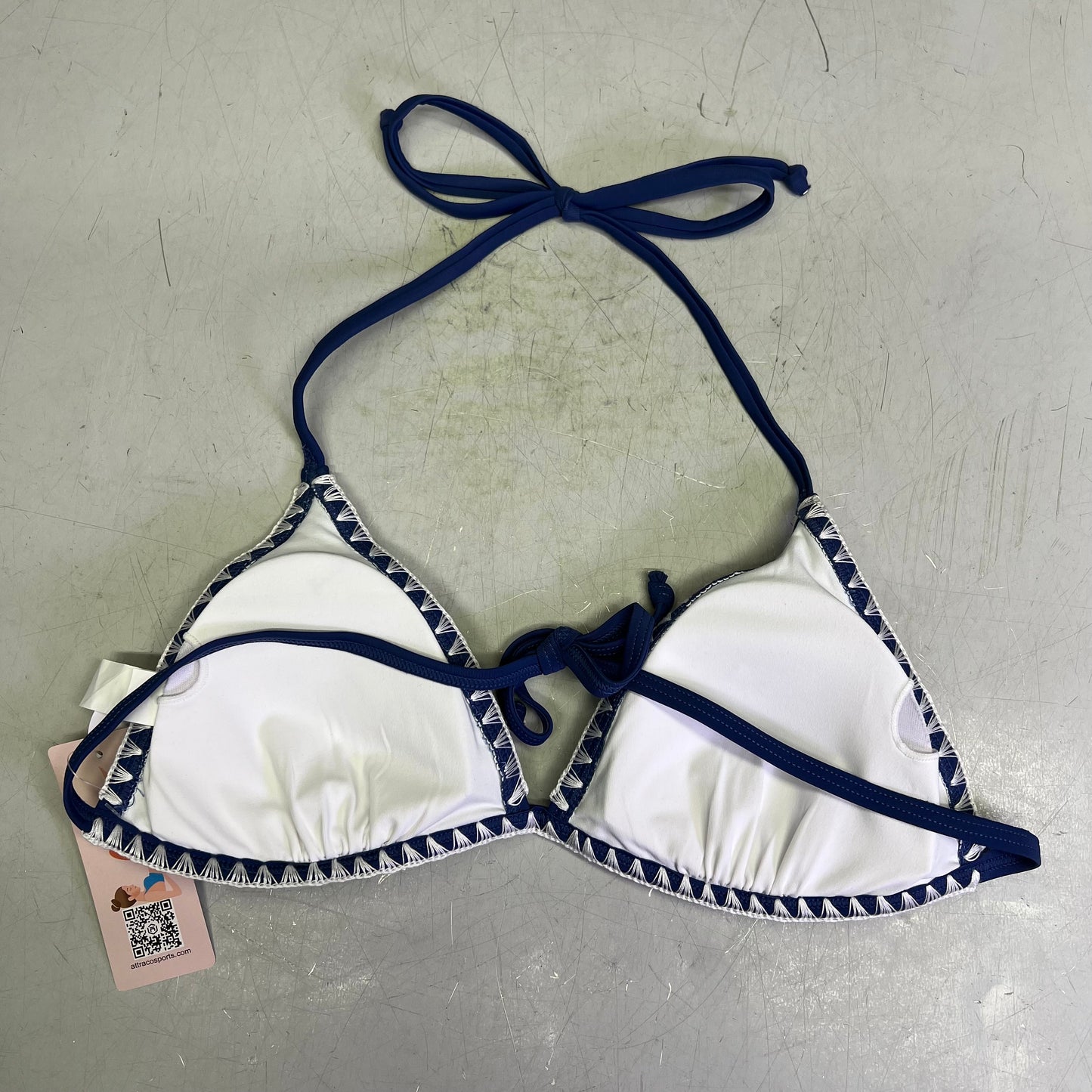 CHARMO Triangle Top Tie Bottoms Contrast Lace Bikini Women's Sz S Blue/White