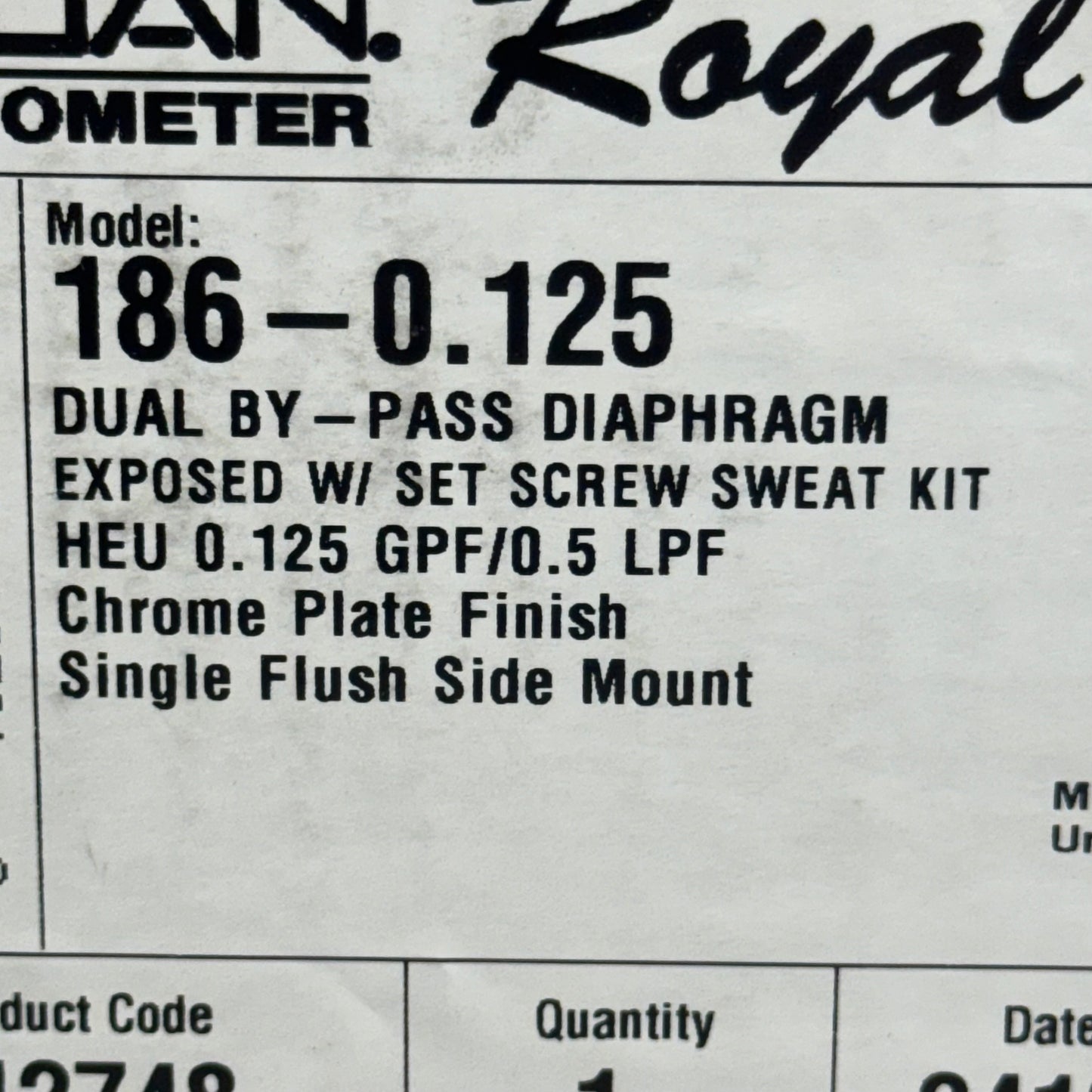 SLOAN Urinal Flushometer Royal Press to Flush Chromate Model: 186-0.125