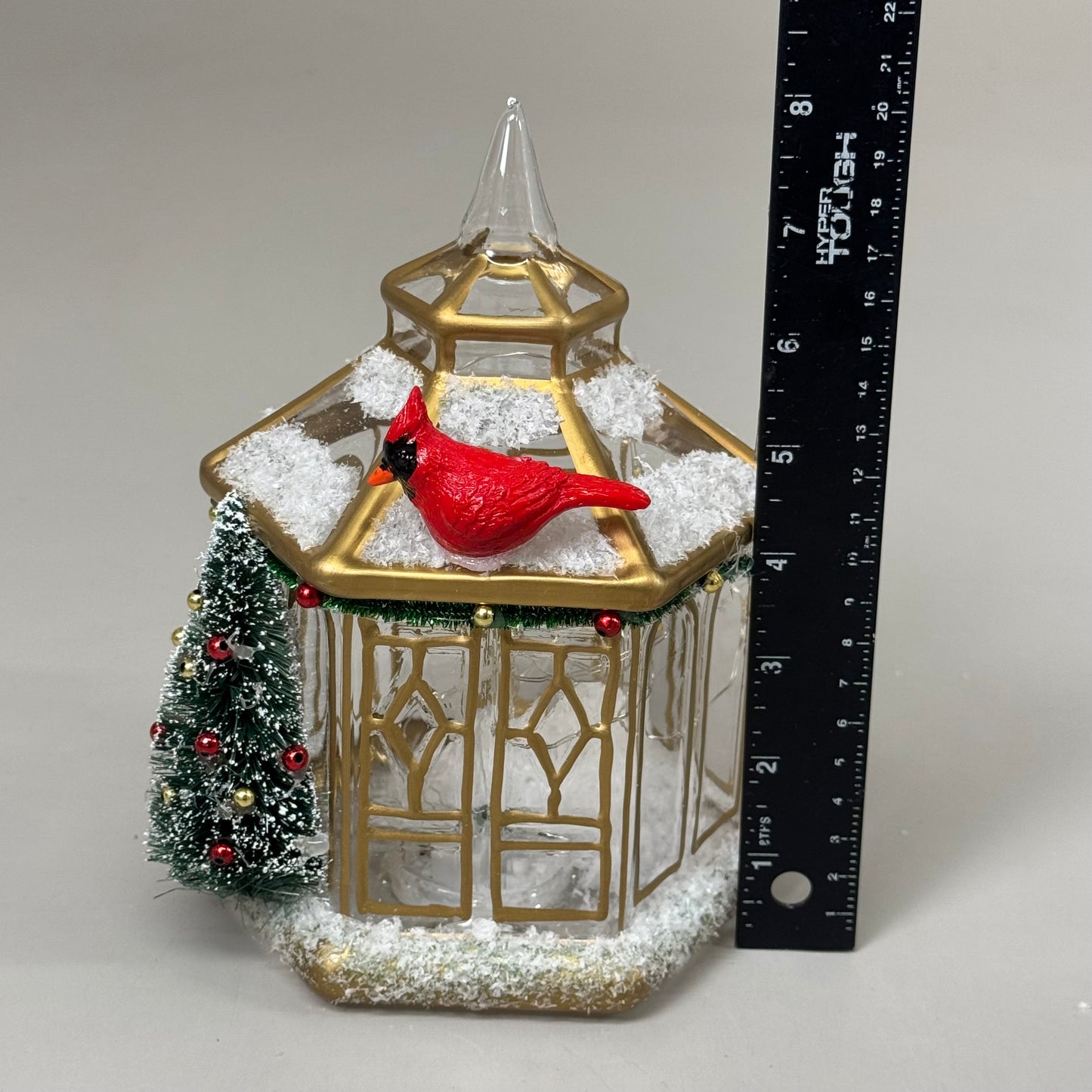 RAZ IMPORT Lighted Pagoda w/ Cardinal Bird & Christmas Tree 7" Gold/Red 4424594