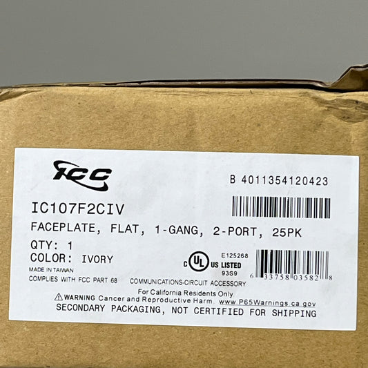 ICC Flat Keystone Wall Plate Single Gang 2 Port 2 3/4' x 4 1/2' Ivory IC107F02IV