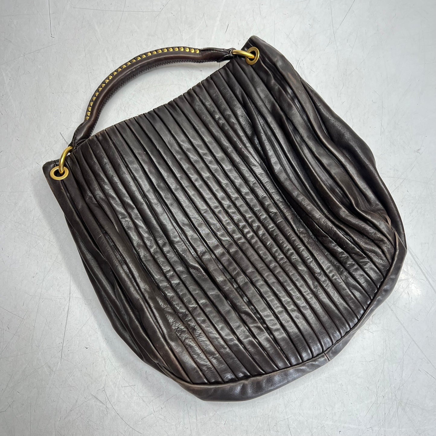 MIU MIU Bosco Leather Pilsse Tote Gold Studded Handle 14"x14" Brown (Pre-Owned)