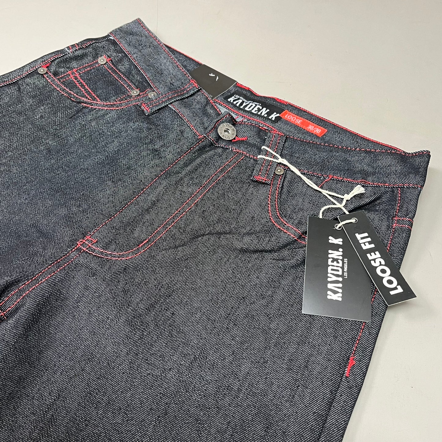 KAYDENK Raw Loose Fit Unwashed Denim Contrast Stitch Jean Men SZ 30/30 Black/Red