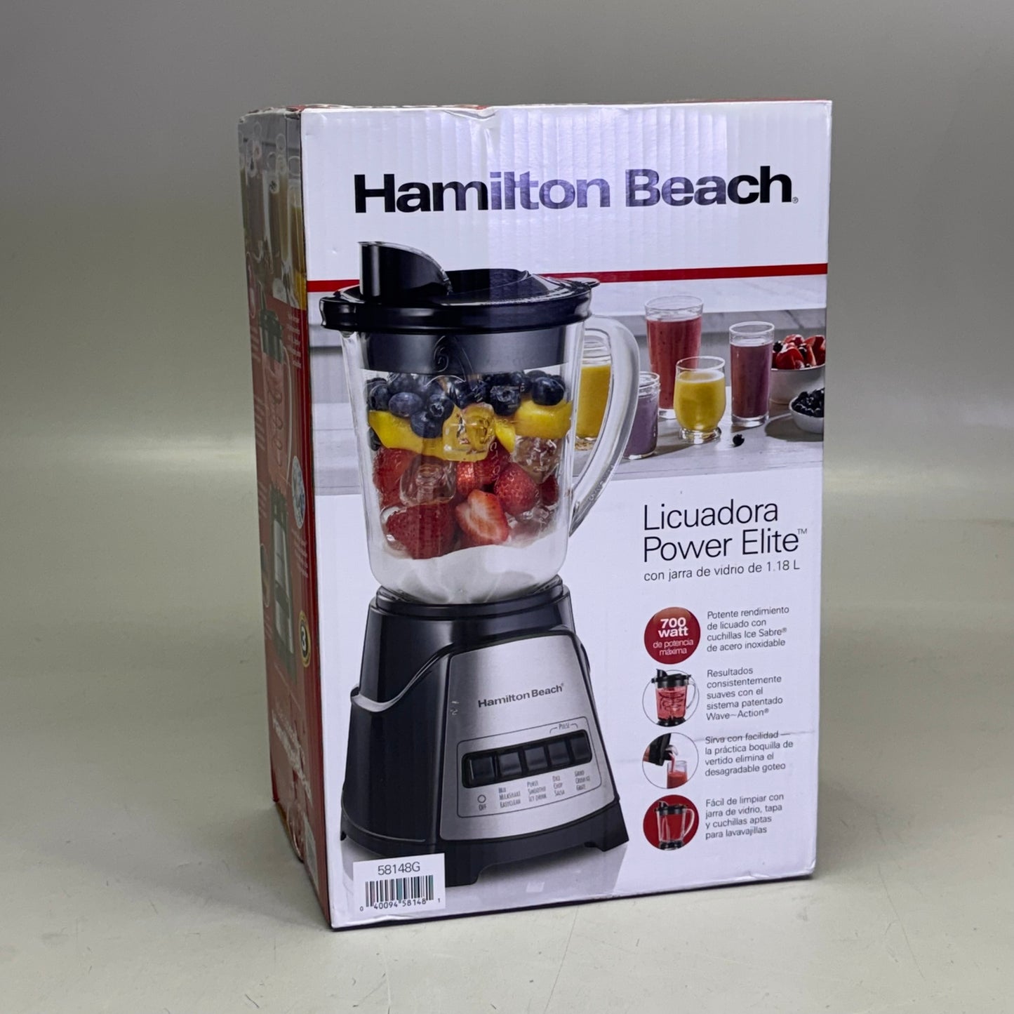 HAMILTON BEACH Power Elite Blender With 40 Oz Glass Jar 9"H Clear 58148G