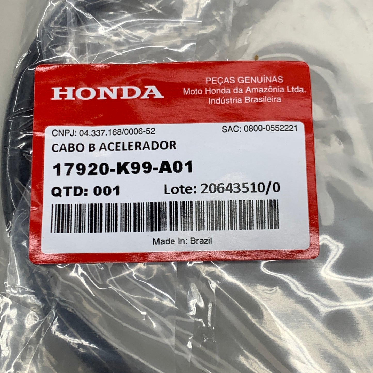 HONDA Throttle B Cable CRF250F 17920-K99-A01 OEM