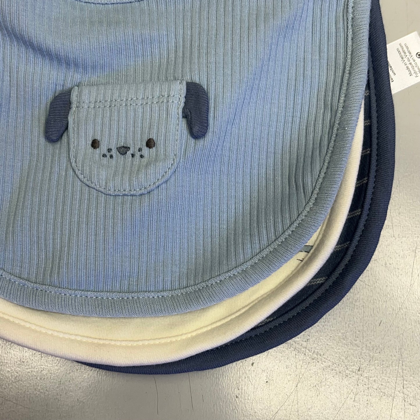 CARTERS (SET OF 3) Snap Baby Bibs Puppy Pocket Farmhouse Patterns Blue/White
