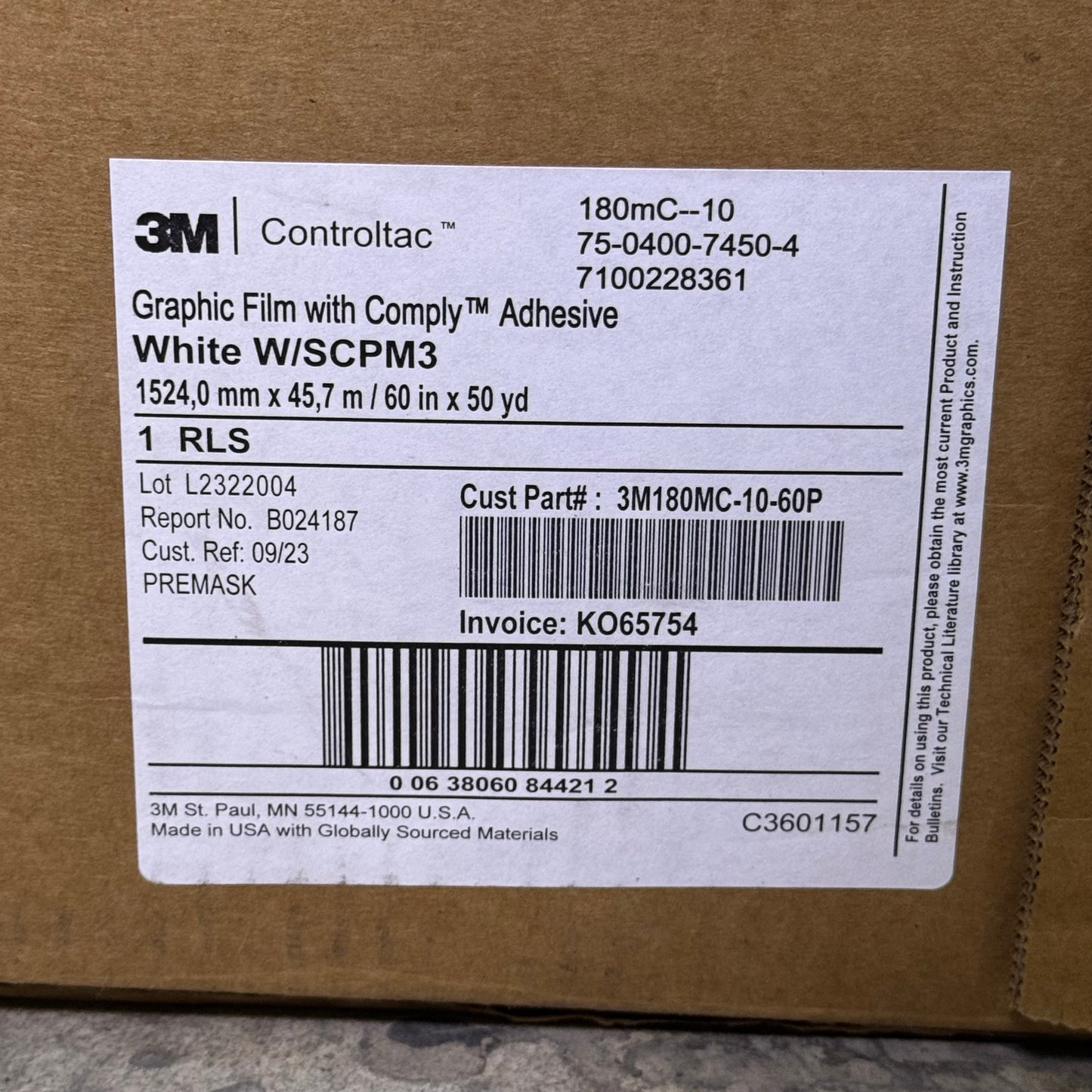 3M Graphic Film With Comply Adhesive 60" x 50 yd KO65754