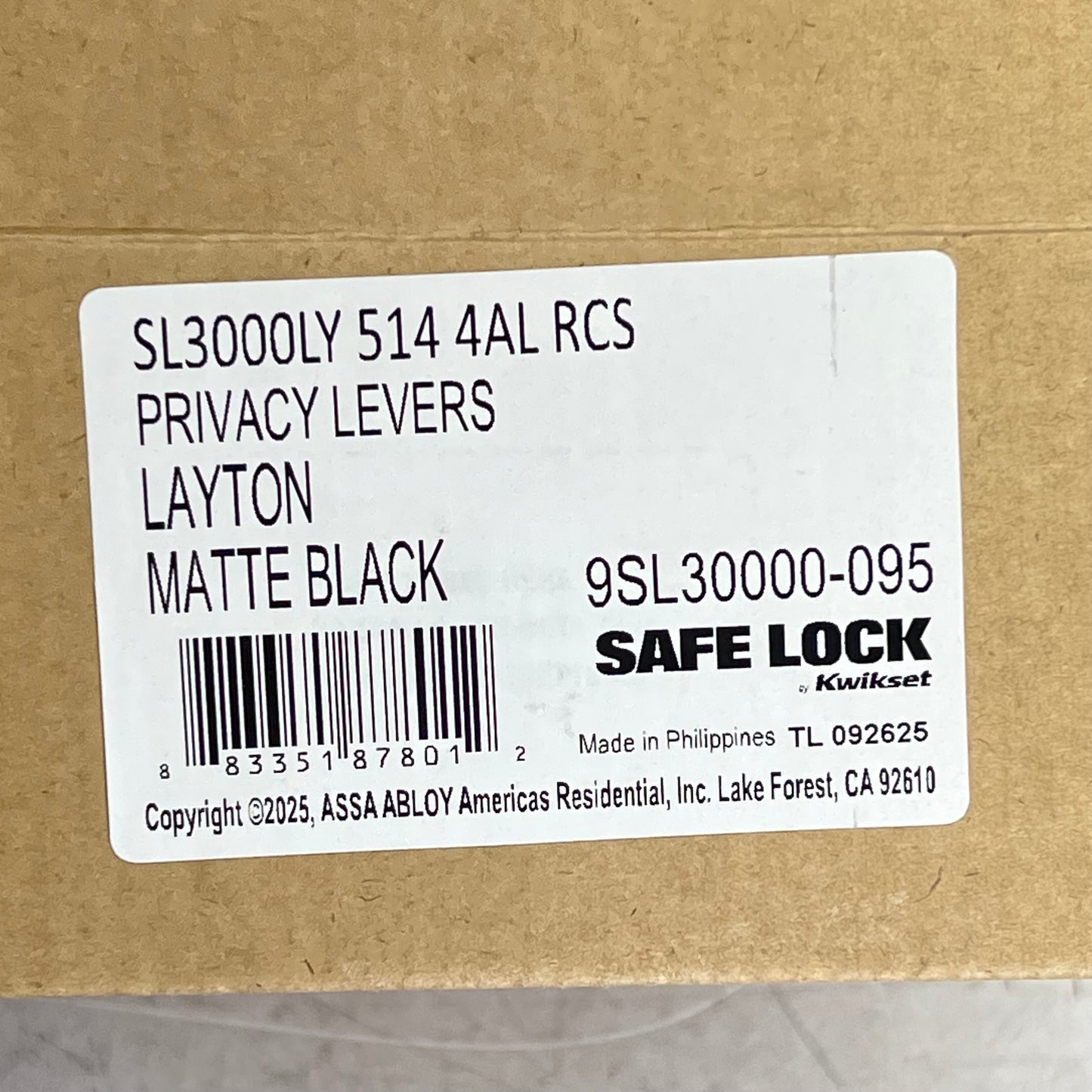 KWIKSET Layton Privacy Levers Adjustable Backset  Matte Black 9SL30000-095