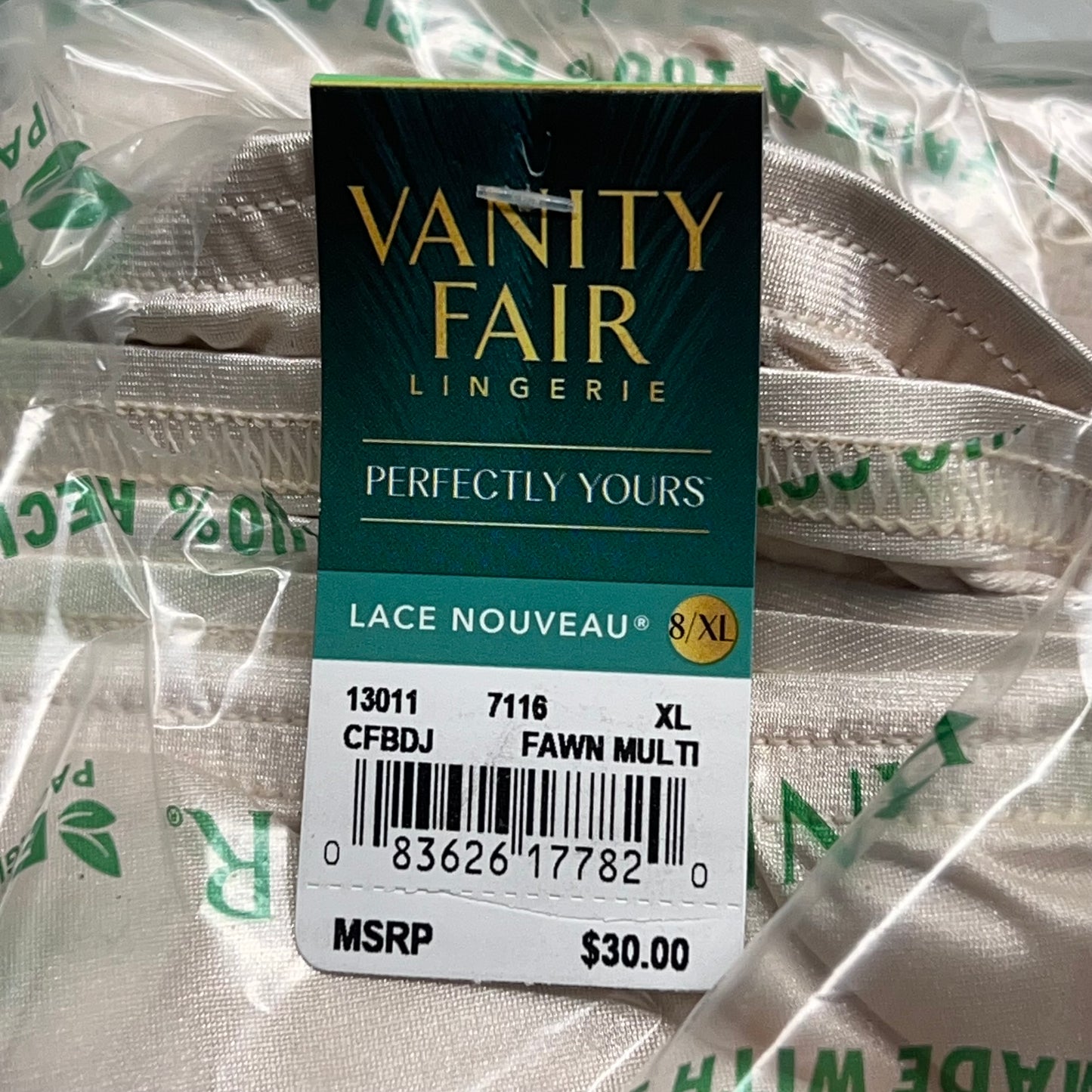ZA@ VANITY FAIR (3 PACK SET) Perfectly Yours Lace Nouveau Brief Panty Women's Sz XL Fawn 13011 B