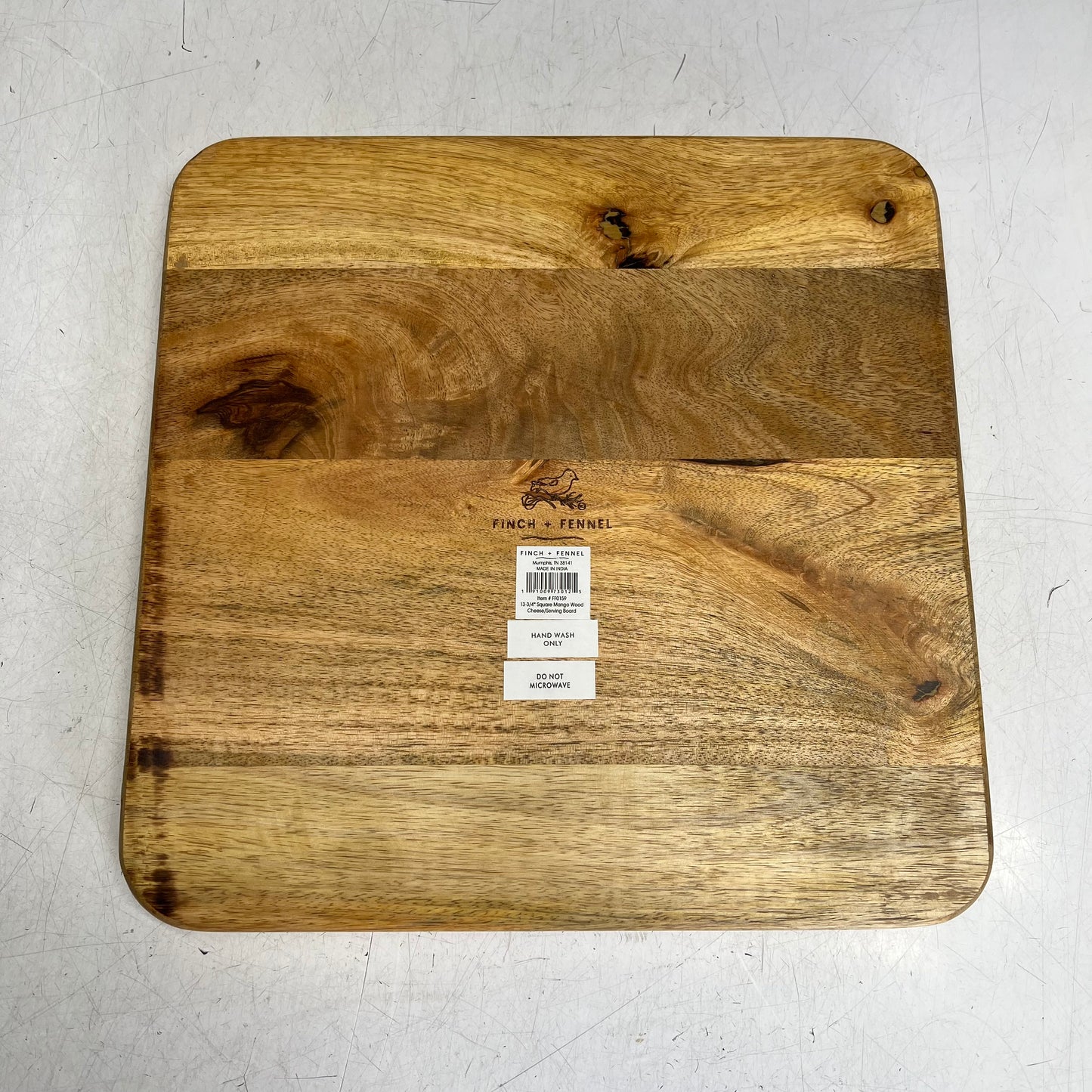 FINCH + FENNEL Square Mango Wood Cheese Serving Board  13-3/4" Natural FF0159