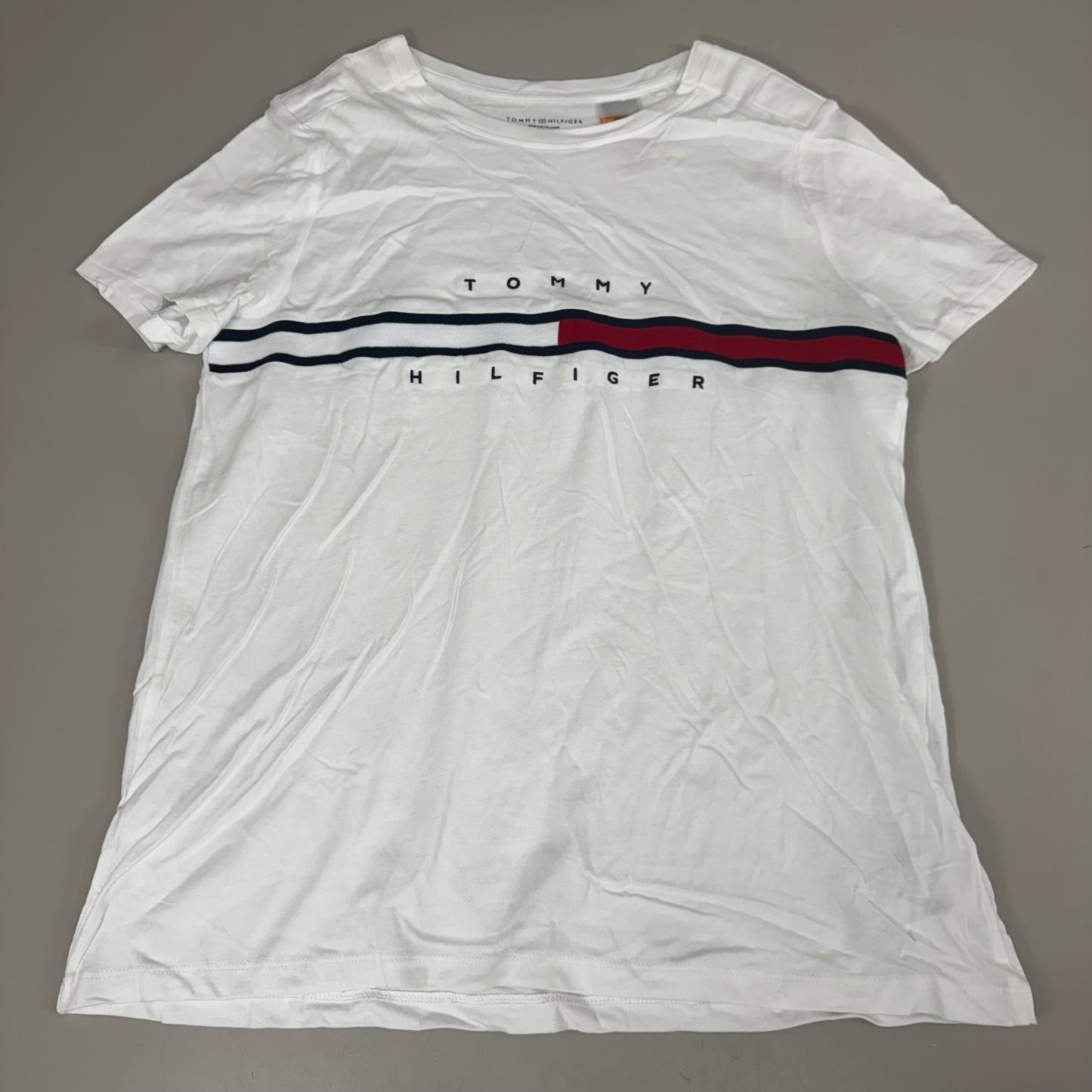 TOMMY HILFIGER Adaptive Short Sleeve Magnet Button T-Shirt White Women's SZ L Signature Stripe (New Other)