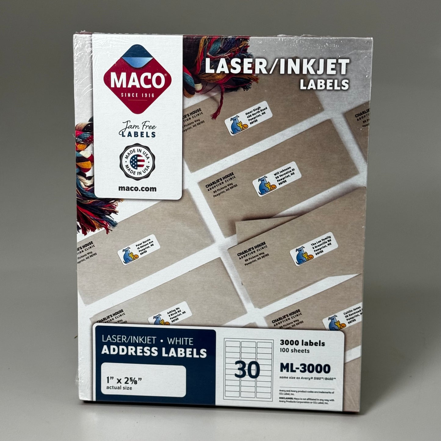 MACO (100 SHEET,3000 LABELS TOTAL) Jam-Free Laser/Inkjet Labels 1"x2 5/8" White