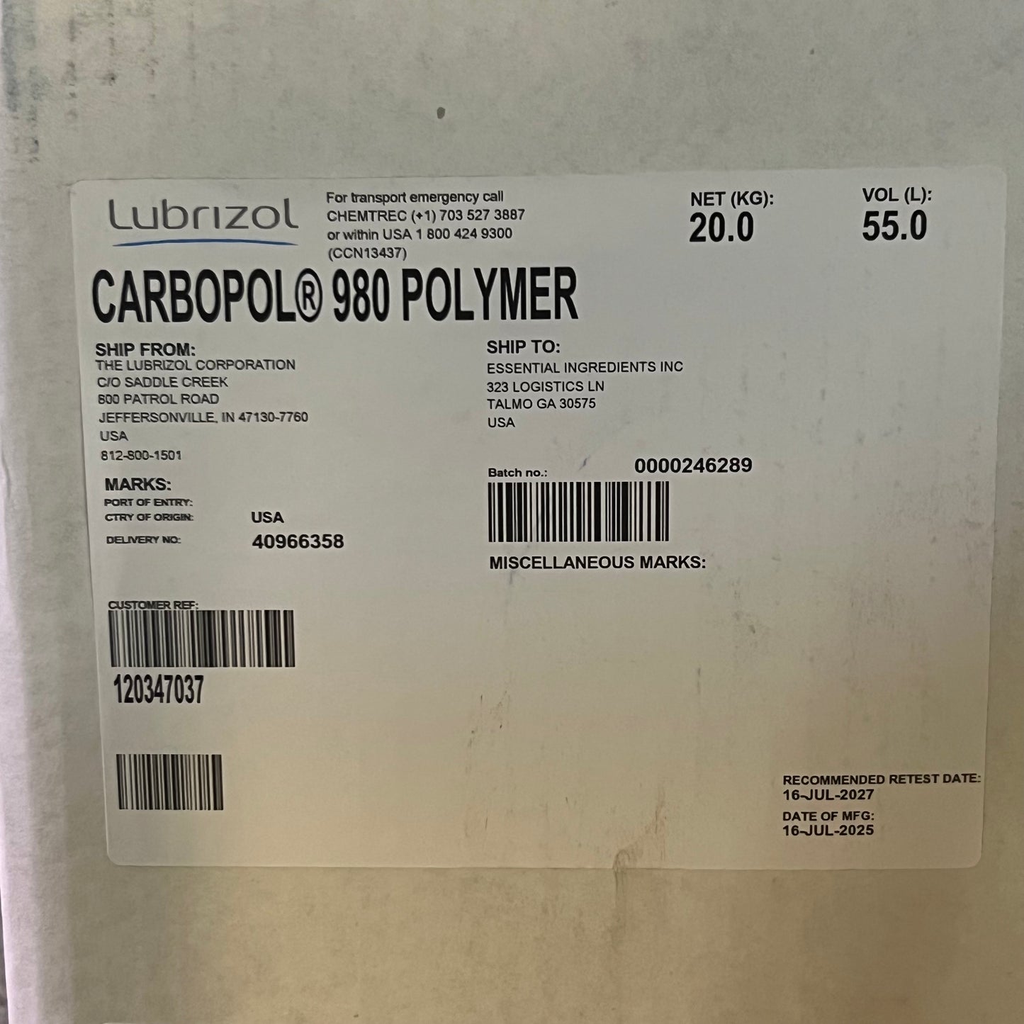 ZA@ LUBRIZOL Carbopol 980 Polymer 120347037 B