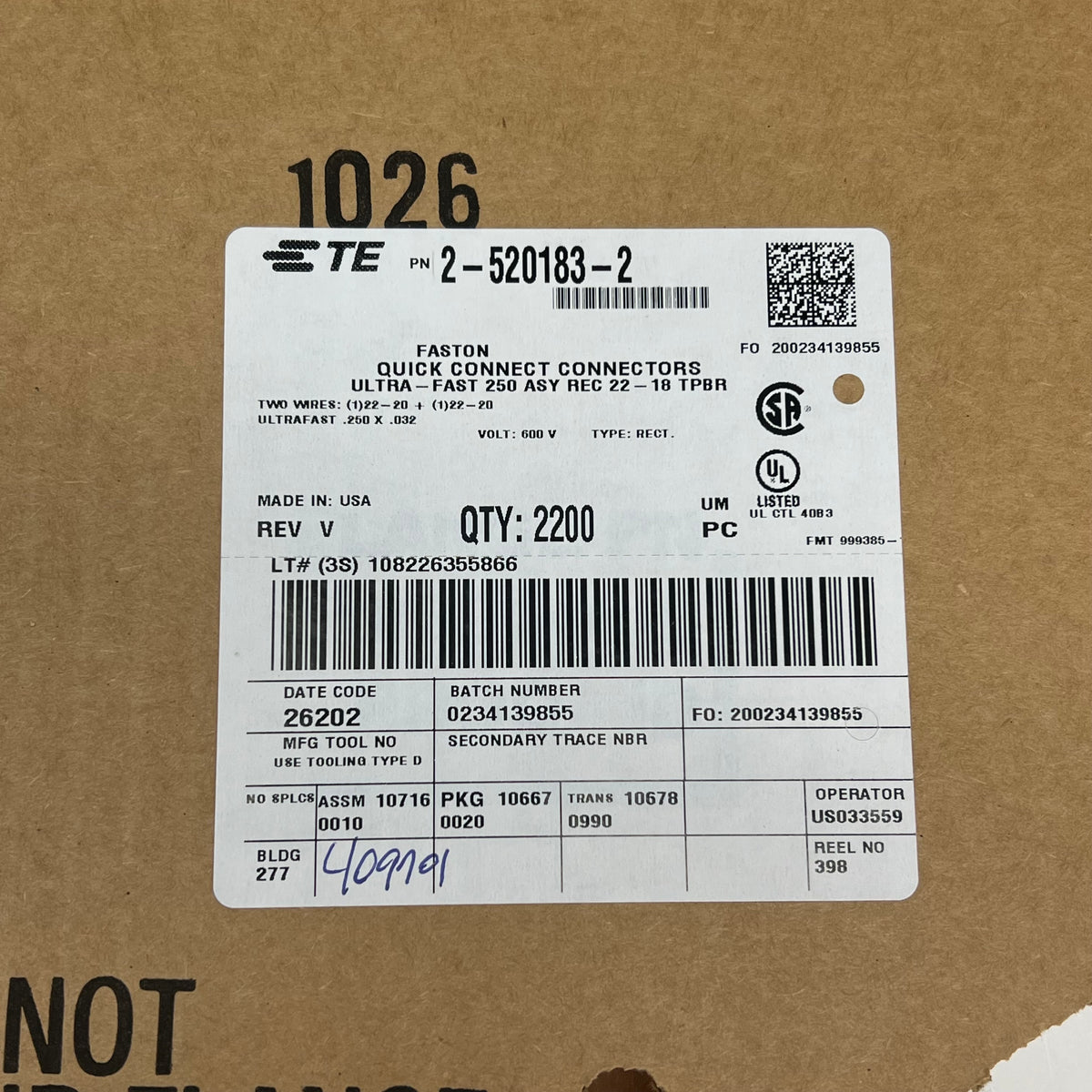 TE CONNECTIVITY (2,200 PACK) Faston Quick Connectors Fully Insulated 2-52|0183-2