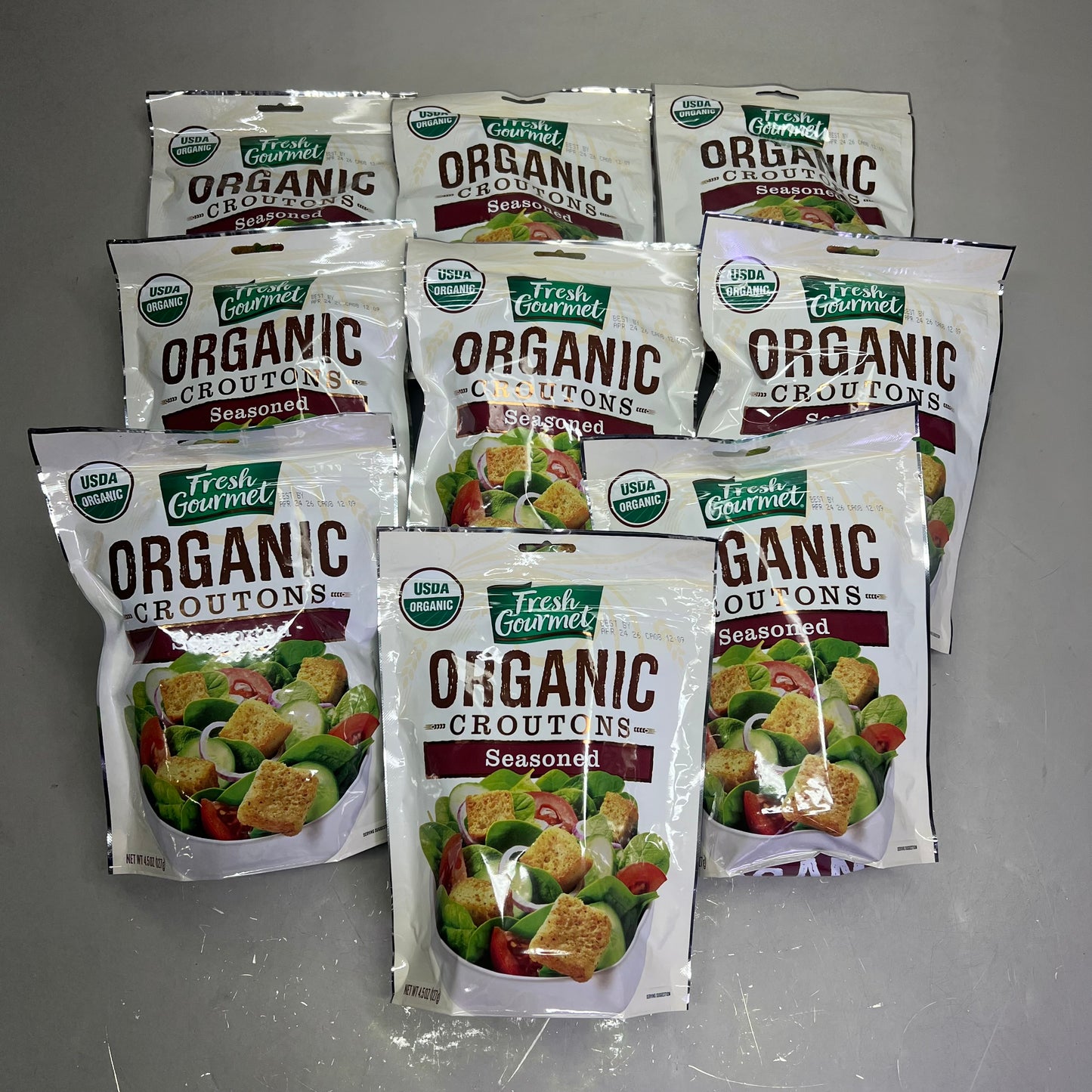 FRESH GOURMET (9 PACK) Organic Croutons Seasoned Salad Topping 4.5 oz BB 04/26