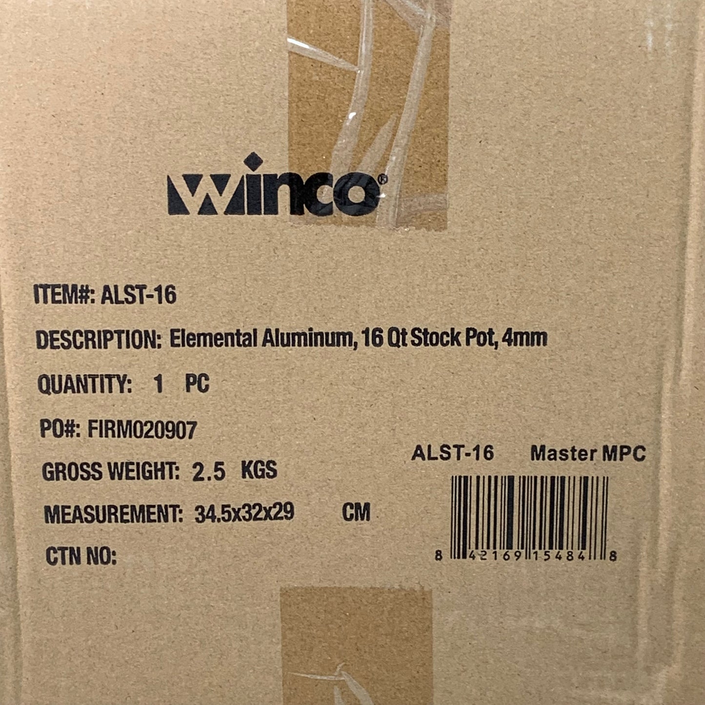 WINCO 16 Qt Elemental Aluminum Stock Pot 4 MM 3/16" Thickness ALST-16