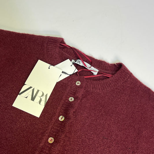 ZARA Plain Knit Cardigan W/ Ruffle Sleeves & Pearl Buttons Womens Sz XL Burgundy