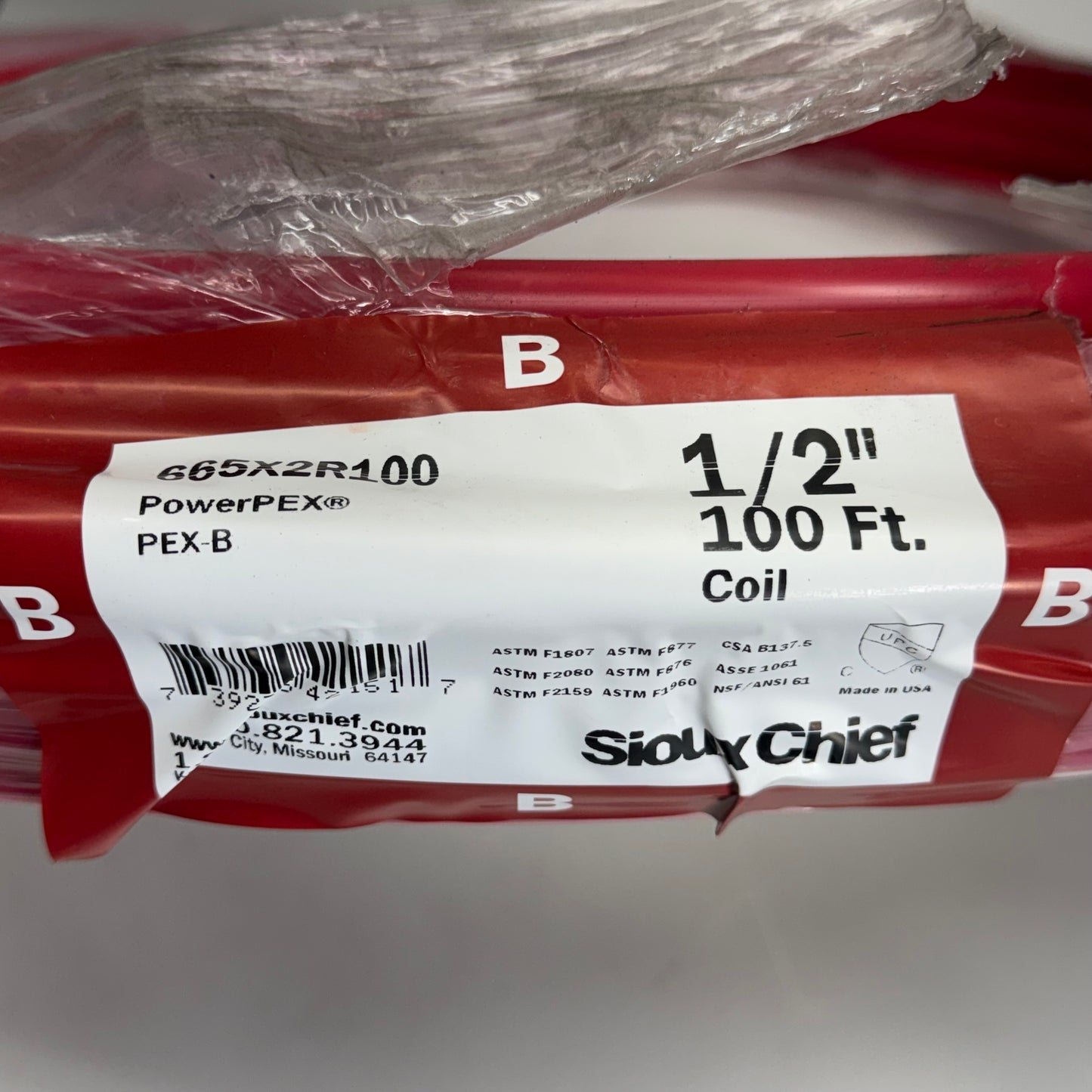 SIOUX CHIEF Powerpex Non-Barrier Pex-B Tubing Sz 1/2" x 100 ft, Red 665X2R100