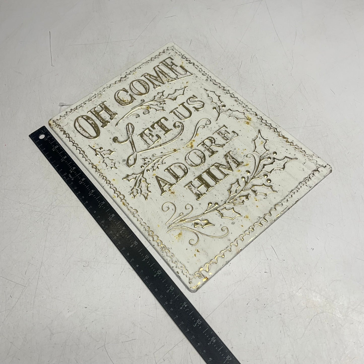 PD HOME  "Oh Come Let Us Adore Him" Distressed Tin Sign 14"x10" White/Gold