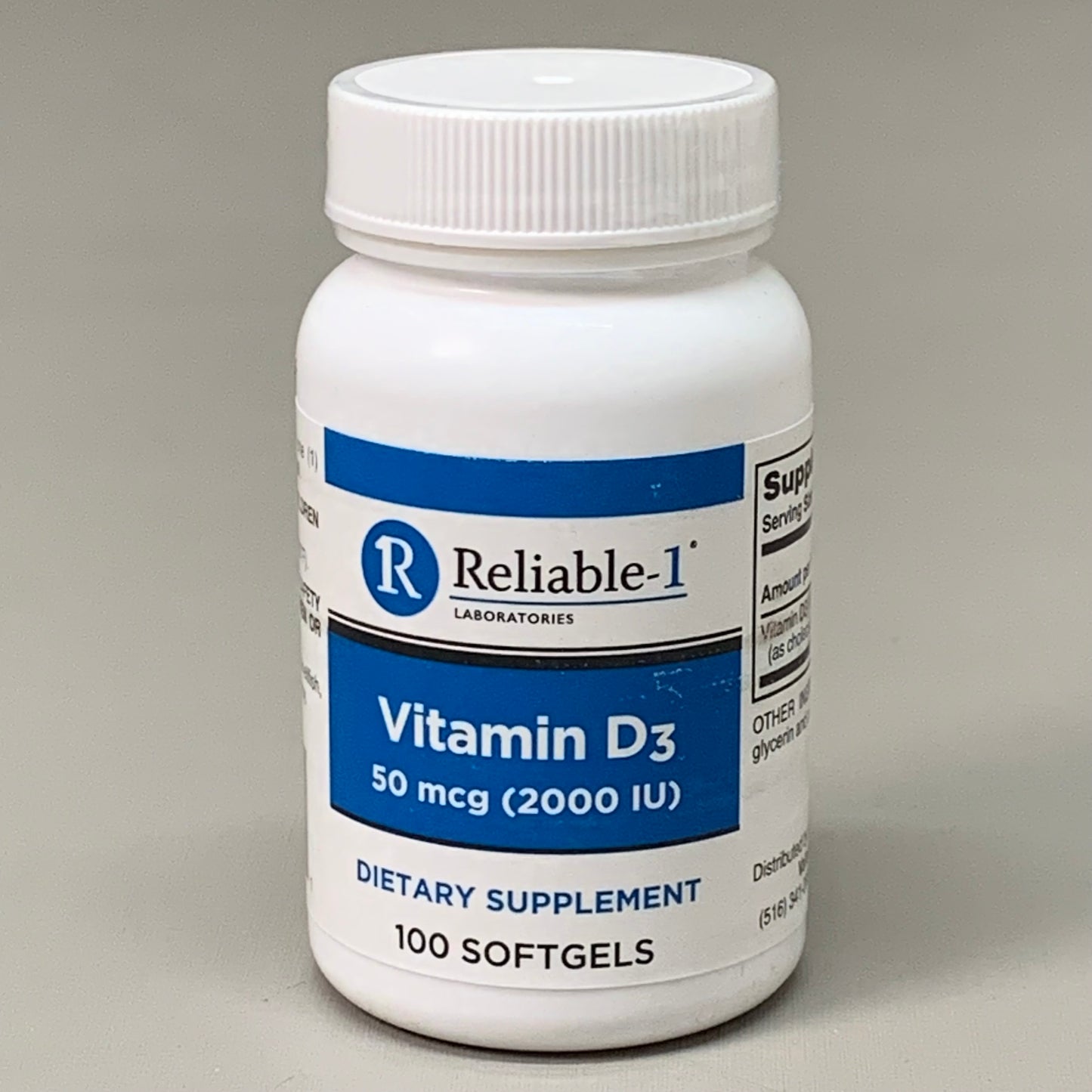 RELIABLE 1 Vitamin D3 2000 IU Soft Gel 100ct White 1471-3210 BB-05/2026