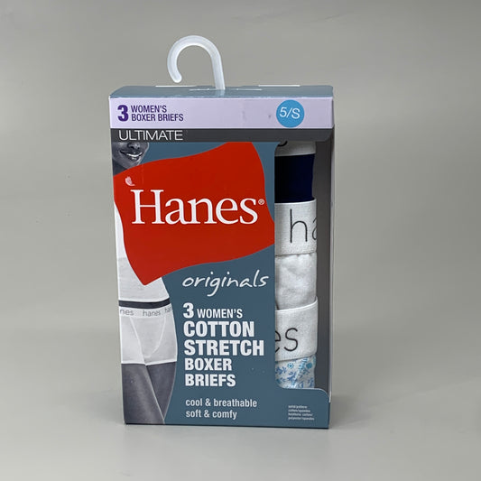 HANES 3 PACK!! Originals Women's Breathable Cotton Boxer Briefs Underwear Sz S Blue/White/Floral 45OUBB